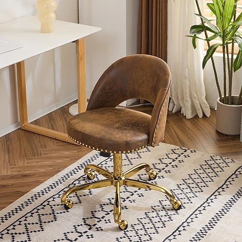 Vista 61 de VINGLI Silla de oficina pequeña de terciopelo moderna, bonita silla de escritorio con ruedas, base dorada/tachuelas, cómoda silla giratoria sin Beige