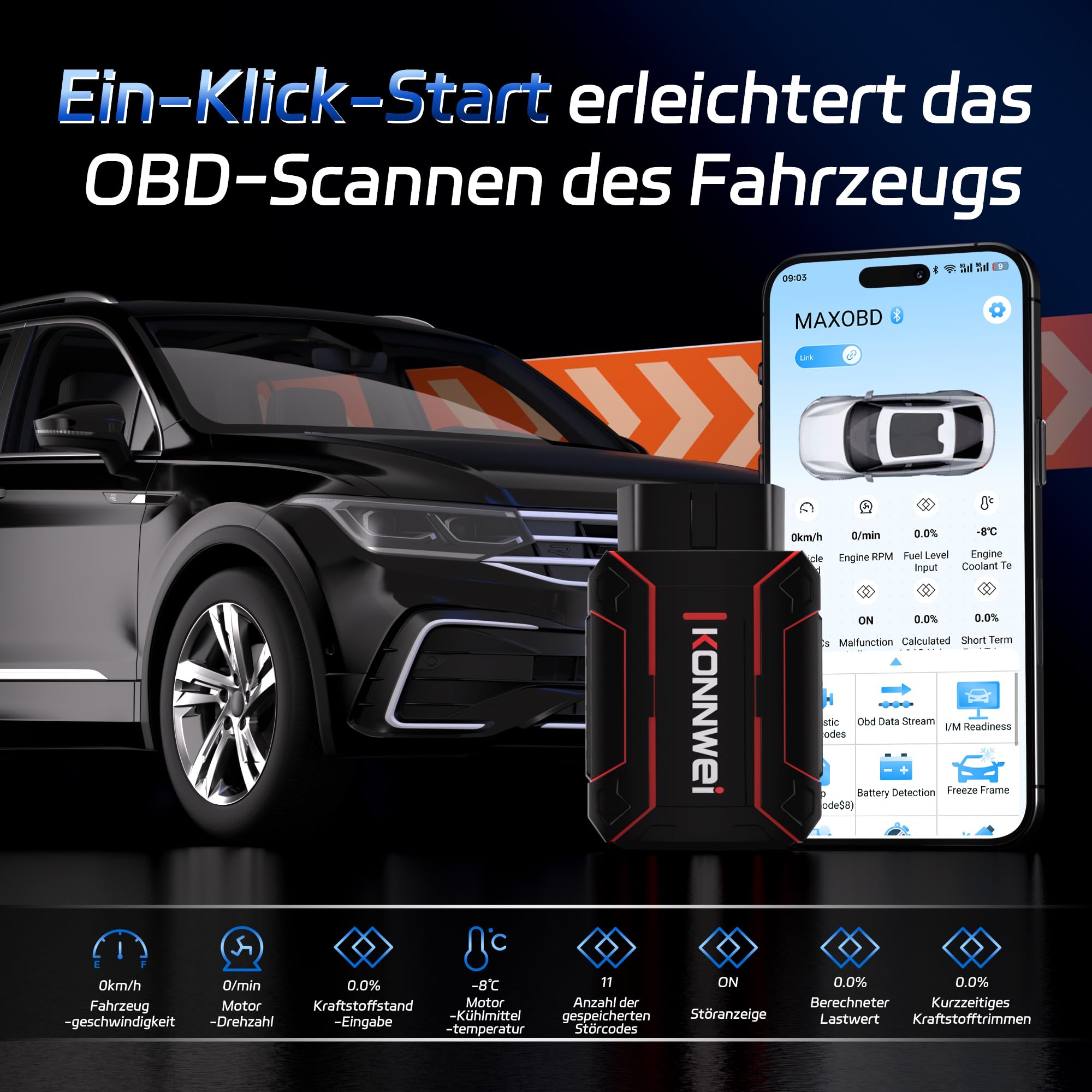 KONNWEI OBD2 Diagnosegerät Auto Scanner Alle System Scan, Obd2 Auslesegerät mit DTC-Definition, 8 Sprachen, Spannungserkennung, Lebenslange Kostenlose Updates, für iOS und Android