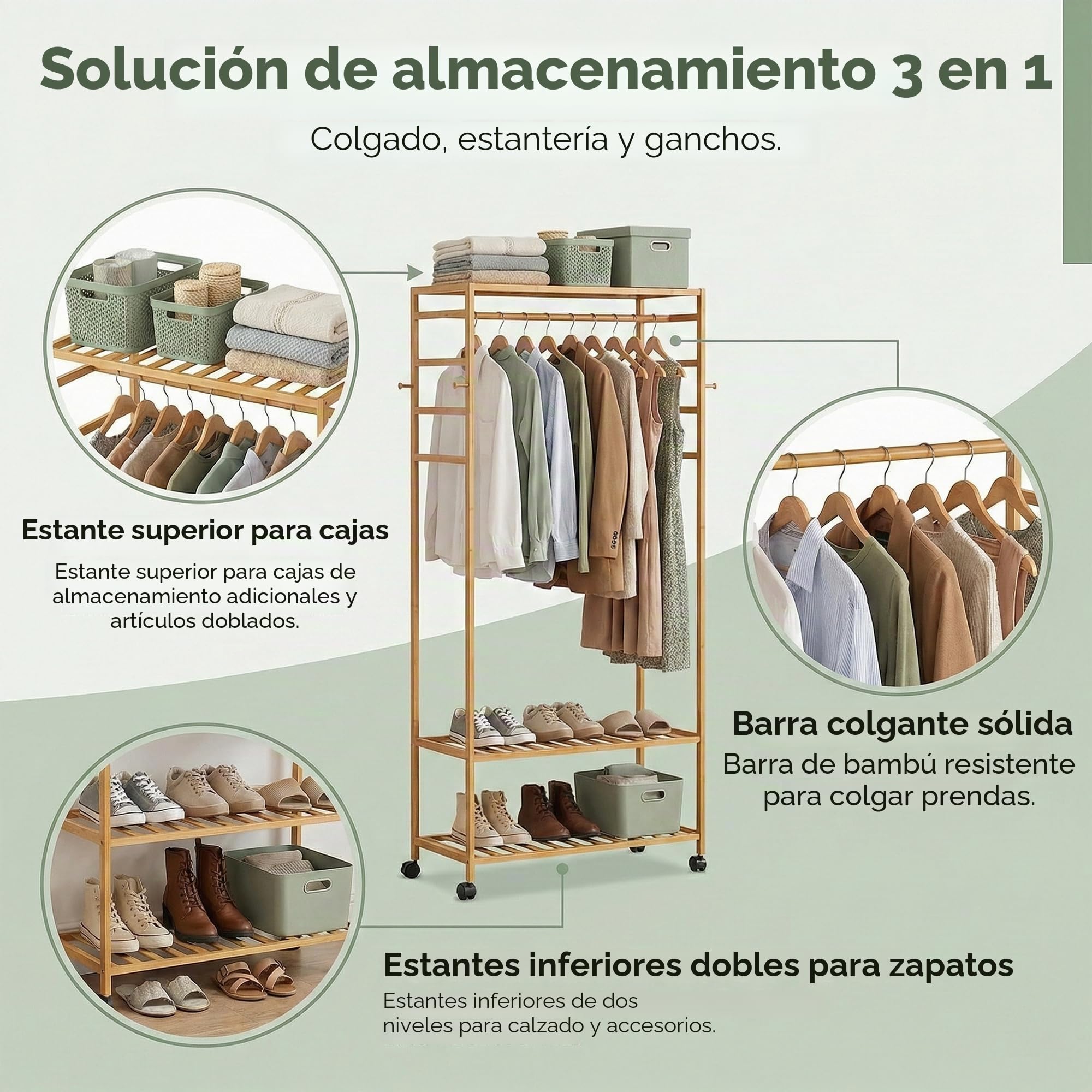unho Armario Abierto con Ruedas, Perchero Burro de Madera Bambú Perchero de Pie con 2 Estantes y 4 Ganchos para Ropa Zapatos Bolsas para Dormitorio Entrada Salon 78 x 41 x 169 cm