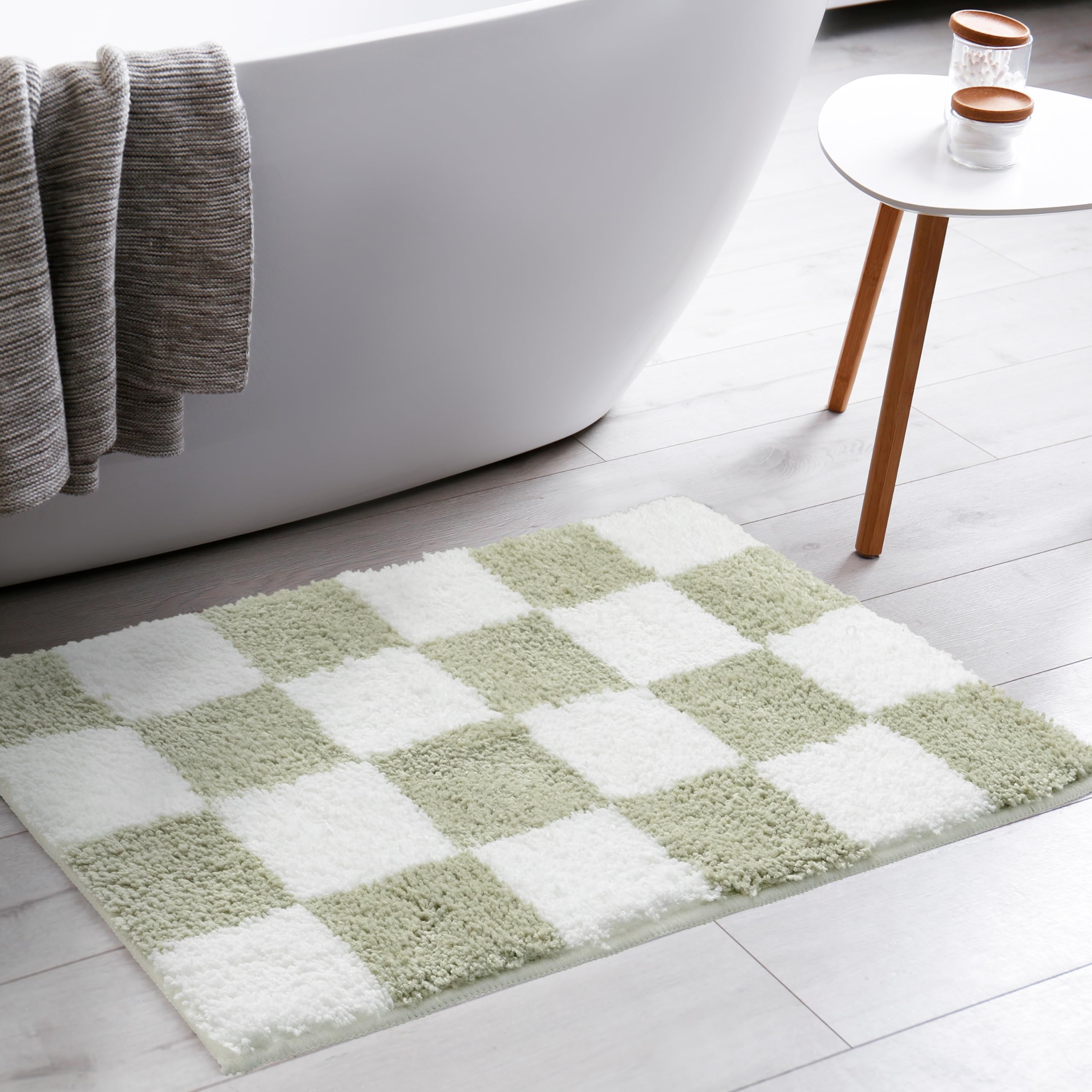 Tititex Luxury Sage Green White Checkered Grid Bathroom Rug, 24"x36" Classic Checkerboard Extra Soft and Absorbent Microfiber Bath Rugs, Non-Slip
