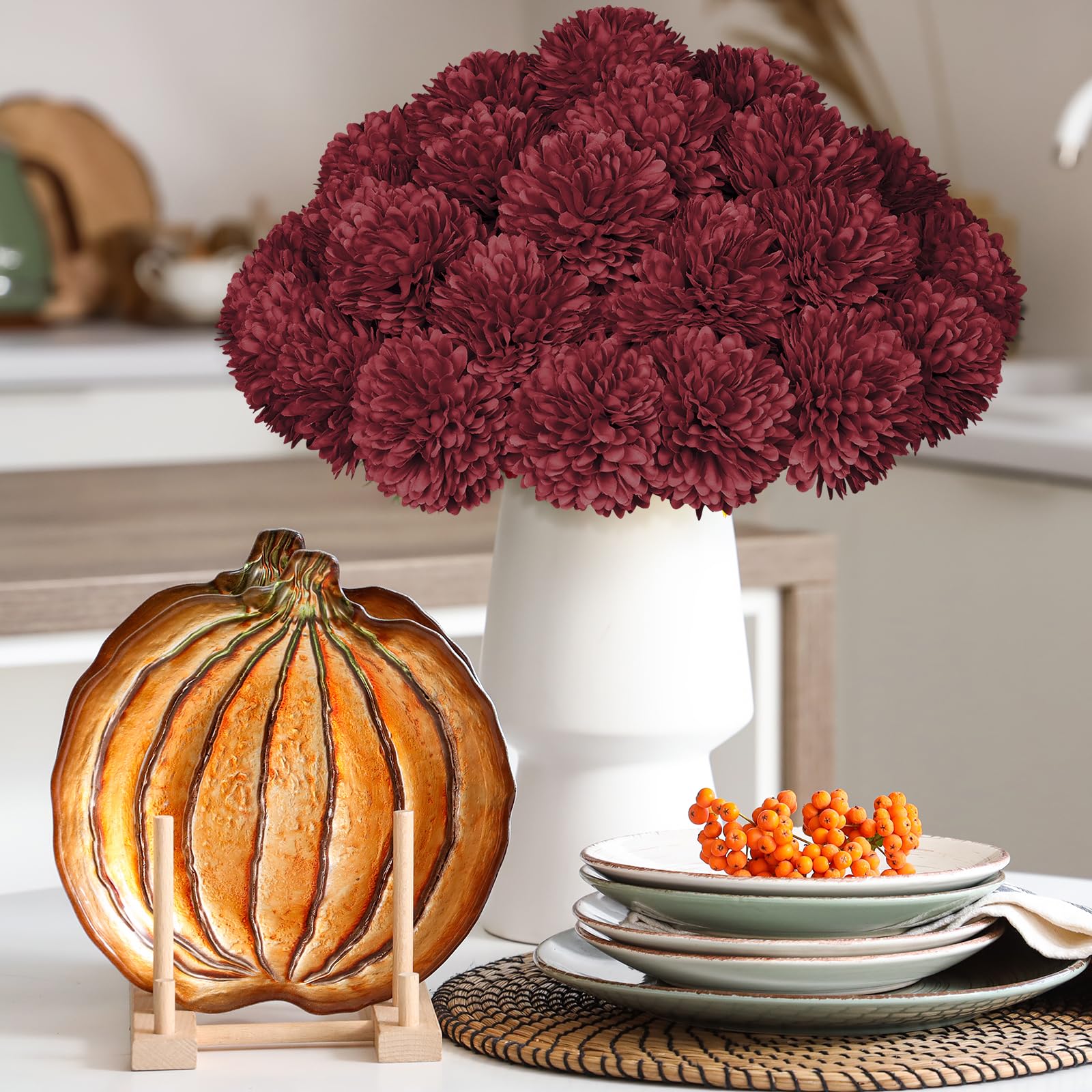 Künstliche Chrysanthemen in Burgunderrot, 36 Stück, künstliche Mütter, Seidenkugeln, Blumen für Herbst, Heimdekoration, Hochzeit, Tischdekoration, Weihnachtsblumenarrangements (Burgunderrot)