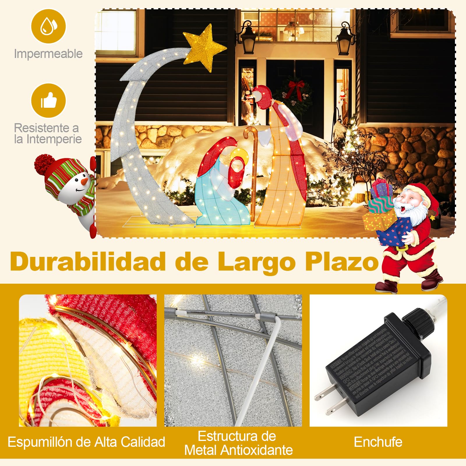 GOPLUS Belén de Navidad Exterior de 151cm, Adornos Navidad Exterior y Interior, Figuras de Portal de Escena con 140 Luces LED, luz Blanca cálida para Balcon (Jesús 151 CM)