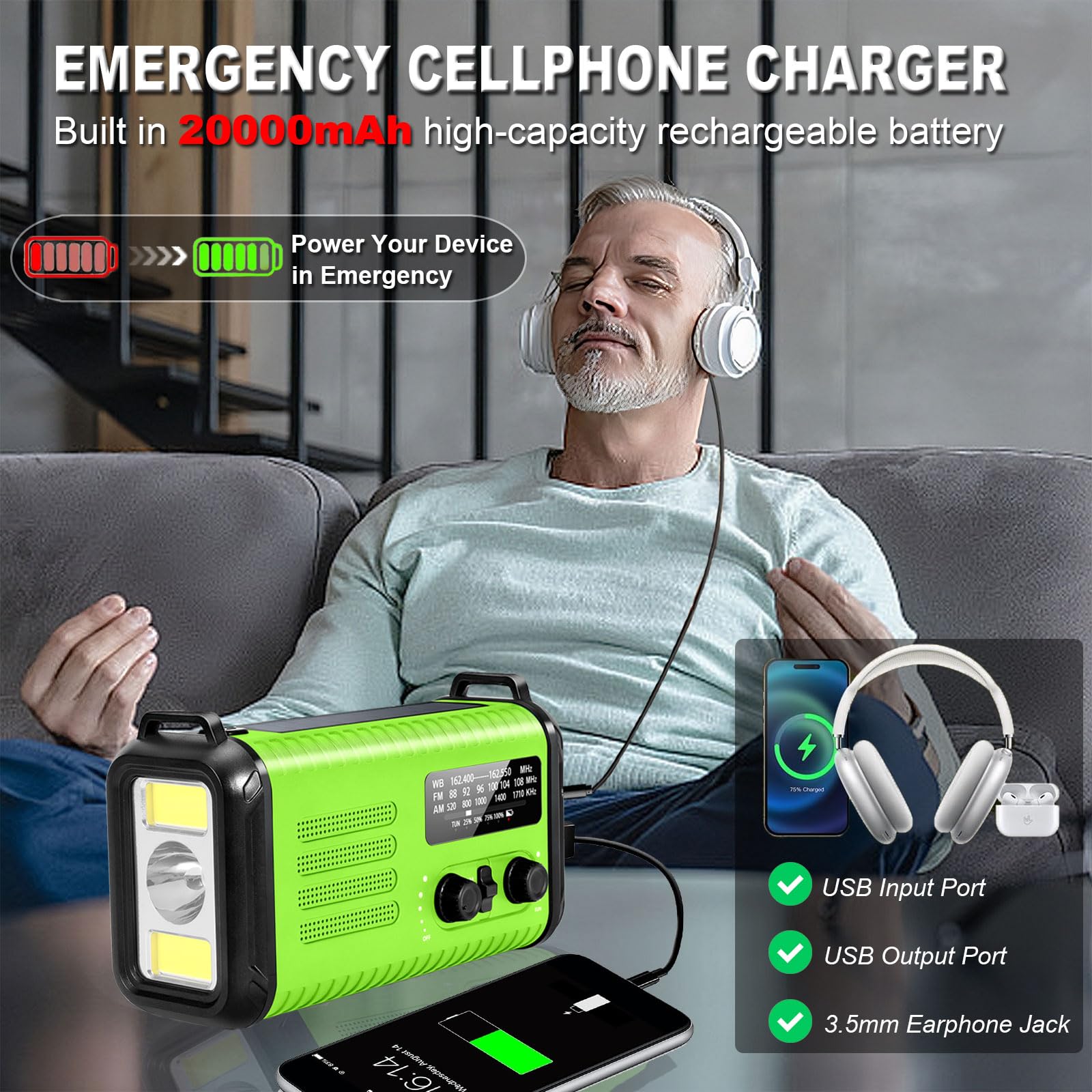 Notfall-Handkurbelradio, 20.000 mAh/74000 mWh, AM/FM/NOAA Wetterradio