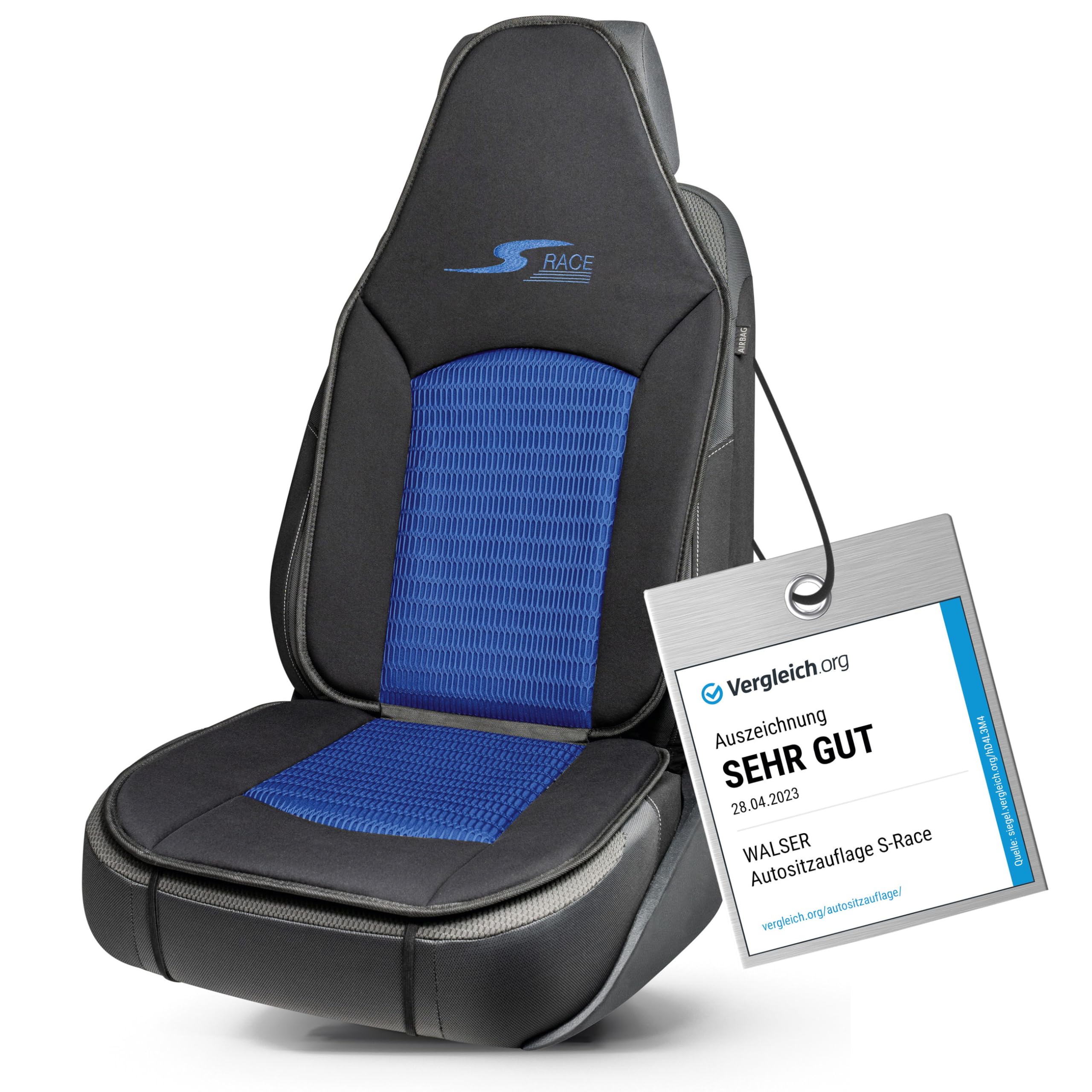 Walser Car Comfort Auto-Sitzauflage S-Race, Auszeichnung Sehr Gut* Autositzauflage für Highback-/Pilotensitze, Universal Sitzschoner-Auto, Sitzauflage-Auto Vordersitze blau/schwarz