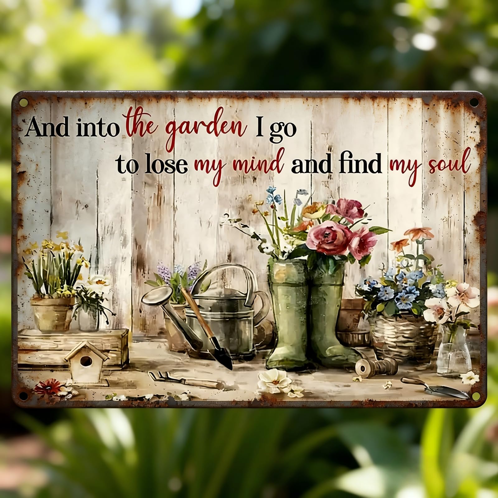 Vintage Metal Garden Wall Art with Inspirational Quote - Rustic Outdoor Decor Sign for Home, Weatherproof Hanging Plaque "And into the garden I go"