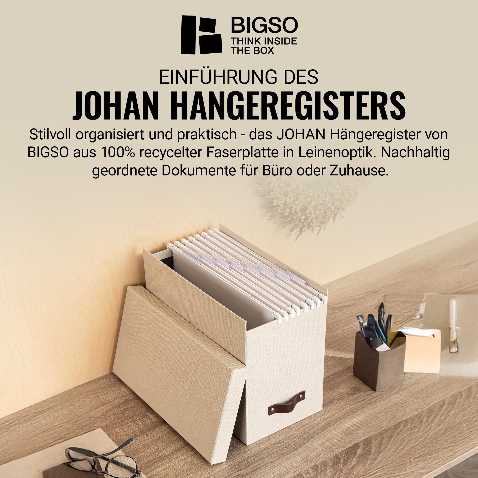 BIGSO BOX OF SWEDEN OSKAR Documentenbox voor A4-papier, brochures enz. – bureaulade met deksel en handvat – opbergdoos van vezelplaat en papier in linnenlook – beige