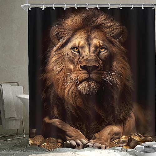 Miniatura 21 de KOMLLEX Cortina de ducha de león africano para decoración de baño, 60 pulgadas de ancho x 72 pulgadas de alto, cortina de ducha para hombre, monedas