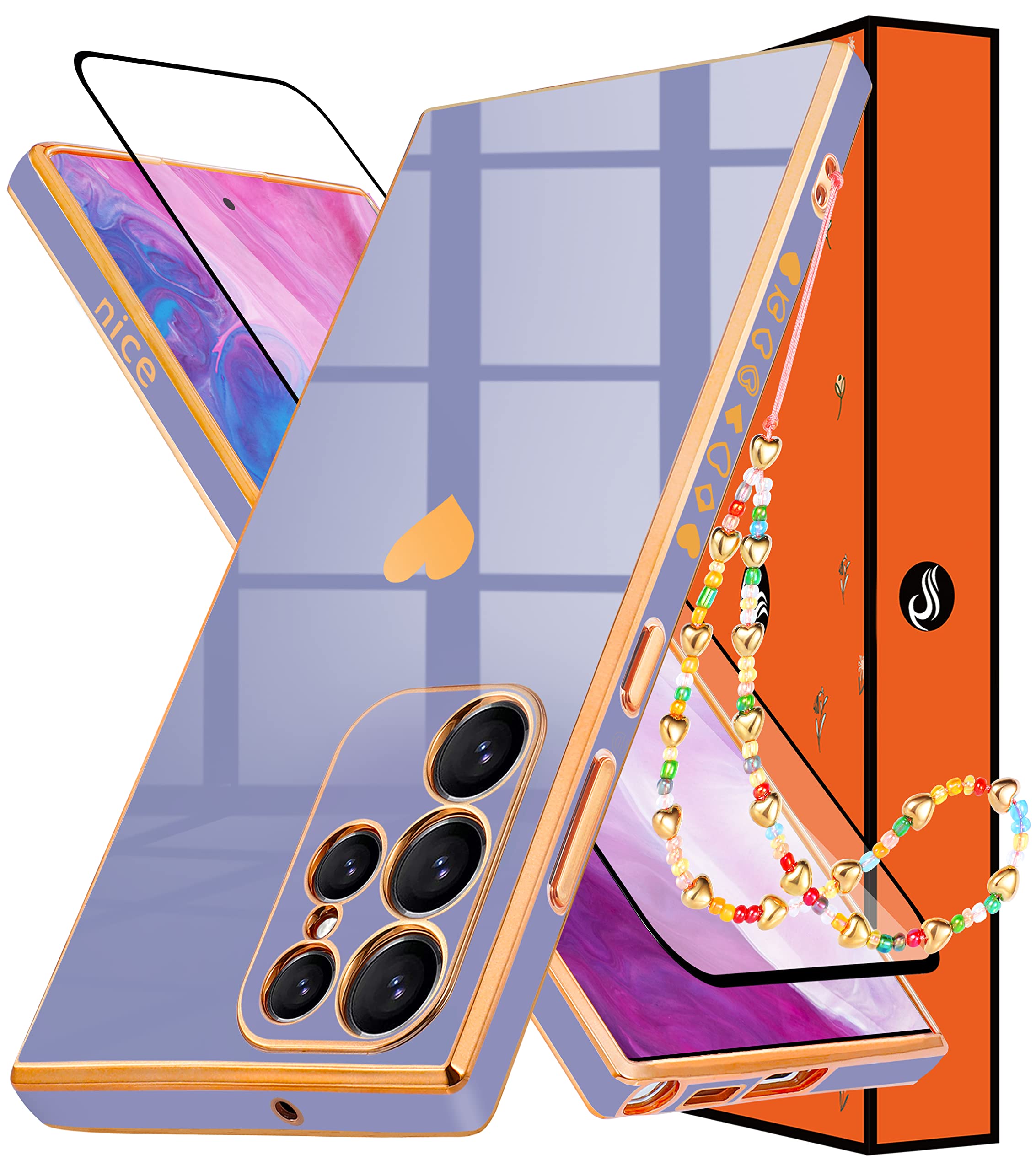 Photo 1 of 3 Shorogyt Heart Case for Samsung Galaxy S22 Ultra 5G 6.8 Inch Women Cute Aesthetic Love Hearts Pattern Girls Dark Blue Luxury Girly Design Cases Trendy Cover+Screen+Chain for S22 Ultra 5G 6.8”(3in1) Only for Samsung S22 Ultra Dark Blue bundle of 3