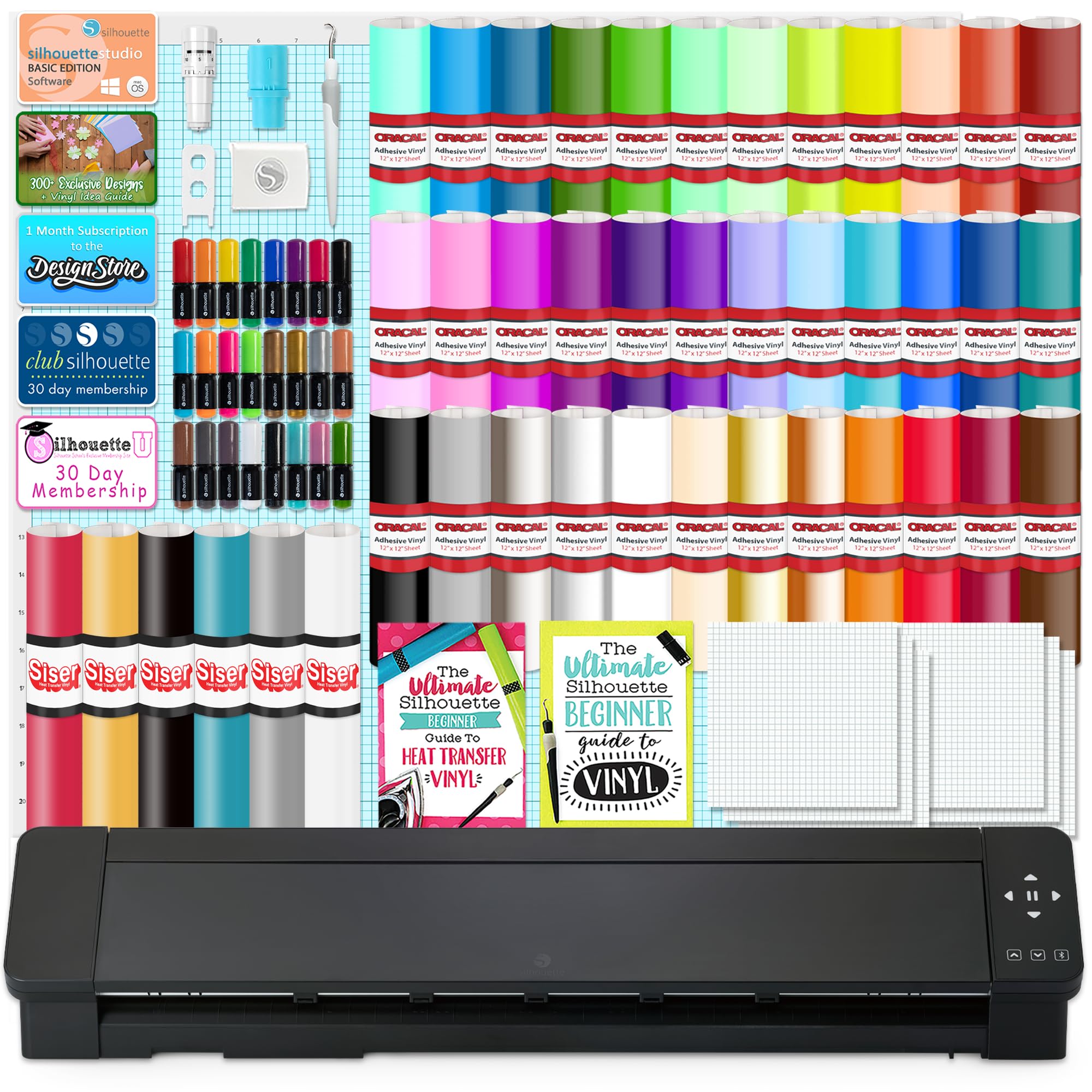 Silhouette Cameo PRO MK-II 24in Vinyl Cutter Bundle with Roll Feeder, 38 Premium 651 Vinyl Sheets, T-Shirt HTV, Sketch Pen Set, Silhouette Software, Tools, Guides, Classes, Deisgns, and More