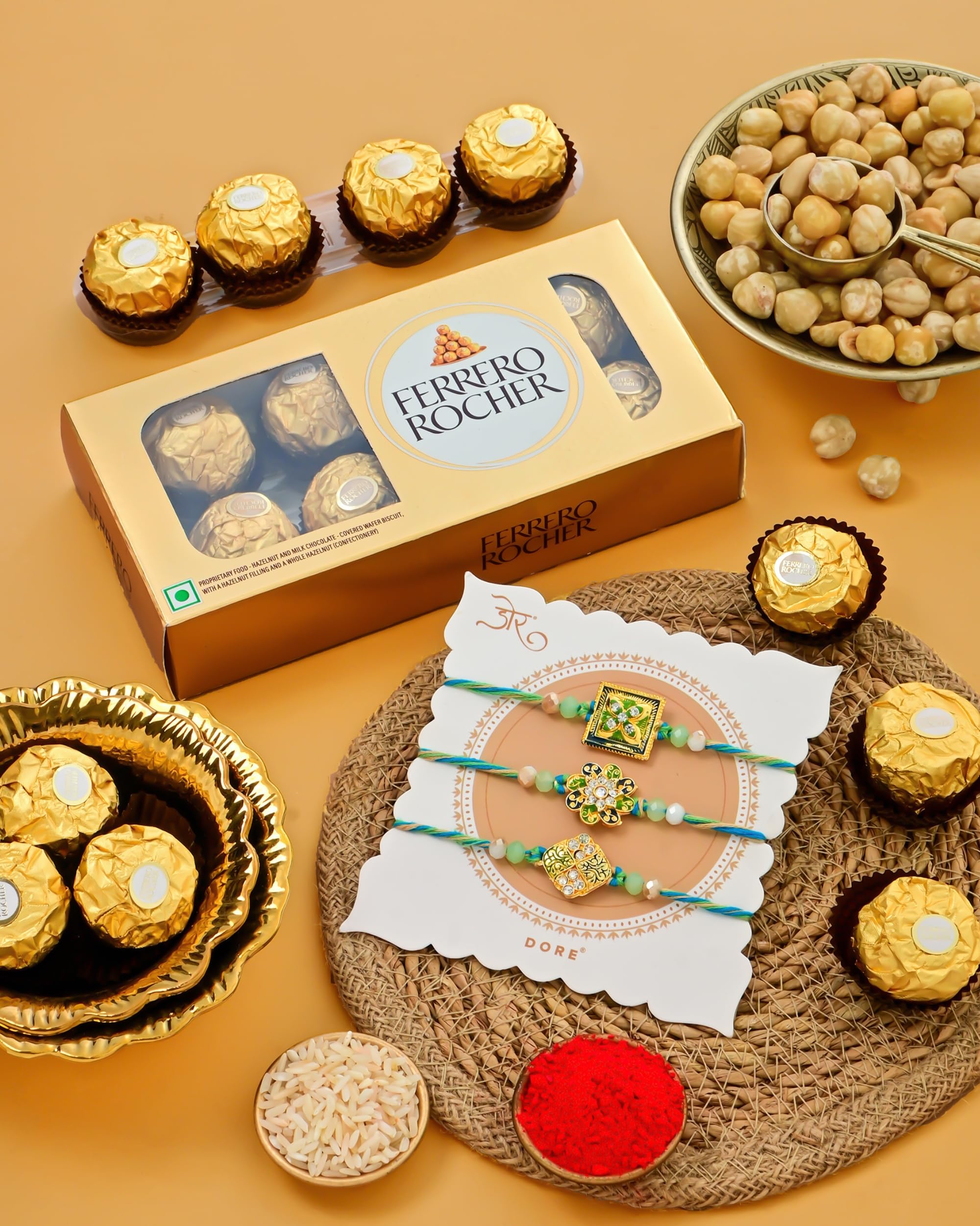 HyperFoods® Rakhi set of 3 with chocolates Rakhi with chocolate for brother Chocolate box for gift Rocher Chocolates Pack of 8 Roli & Chawal