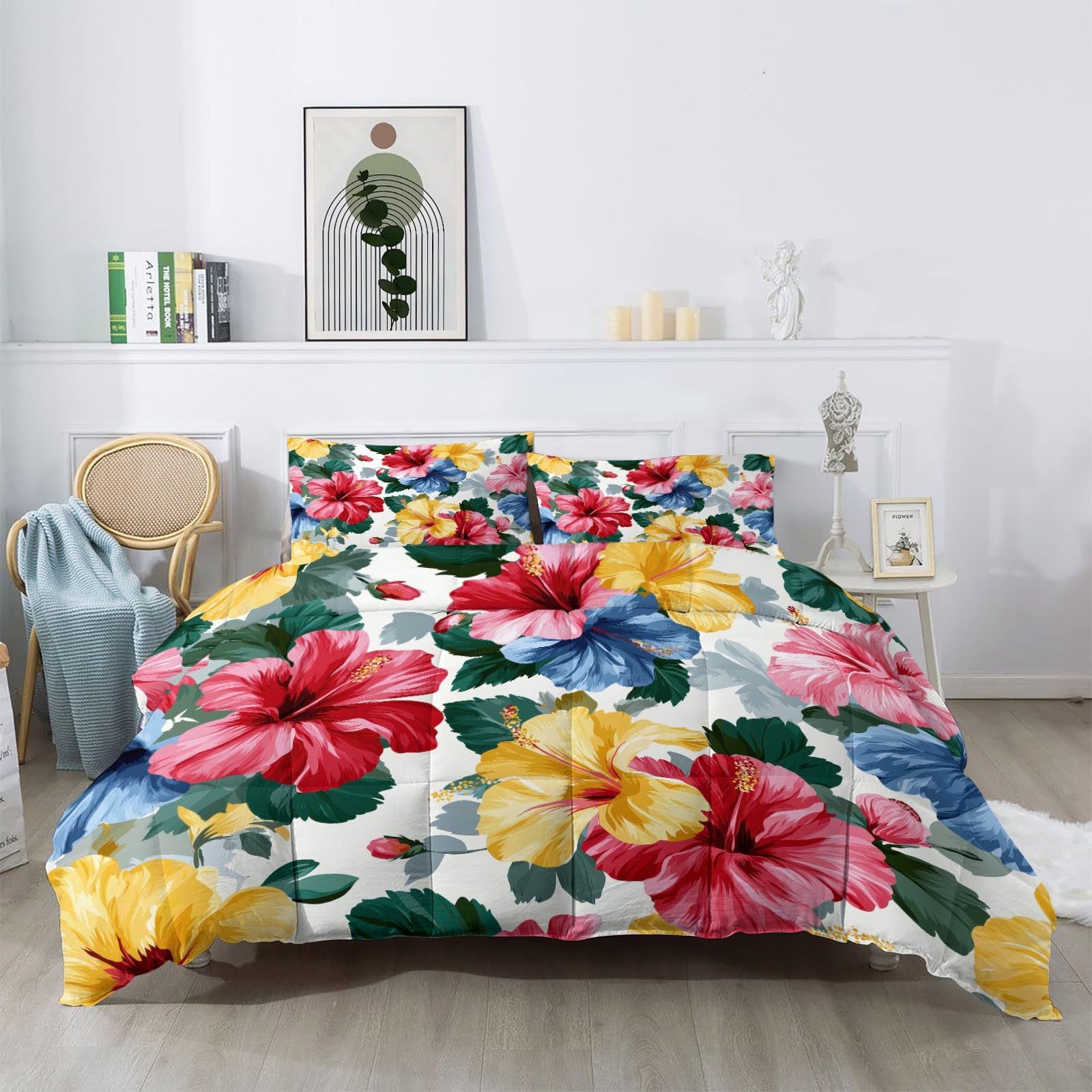 Kołdra 135 x 200 cm, tradycyjne hawajskie kwiaty, nadaje się na cały rok, kołdra z przeszyciem pudełkowym, można prać w pralce, nie zbrylająca się i szybkoschnąca kołdra, kolorowa
