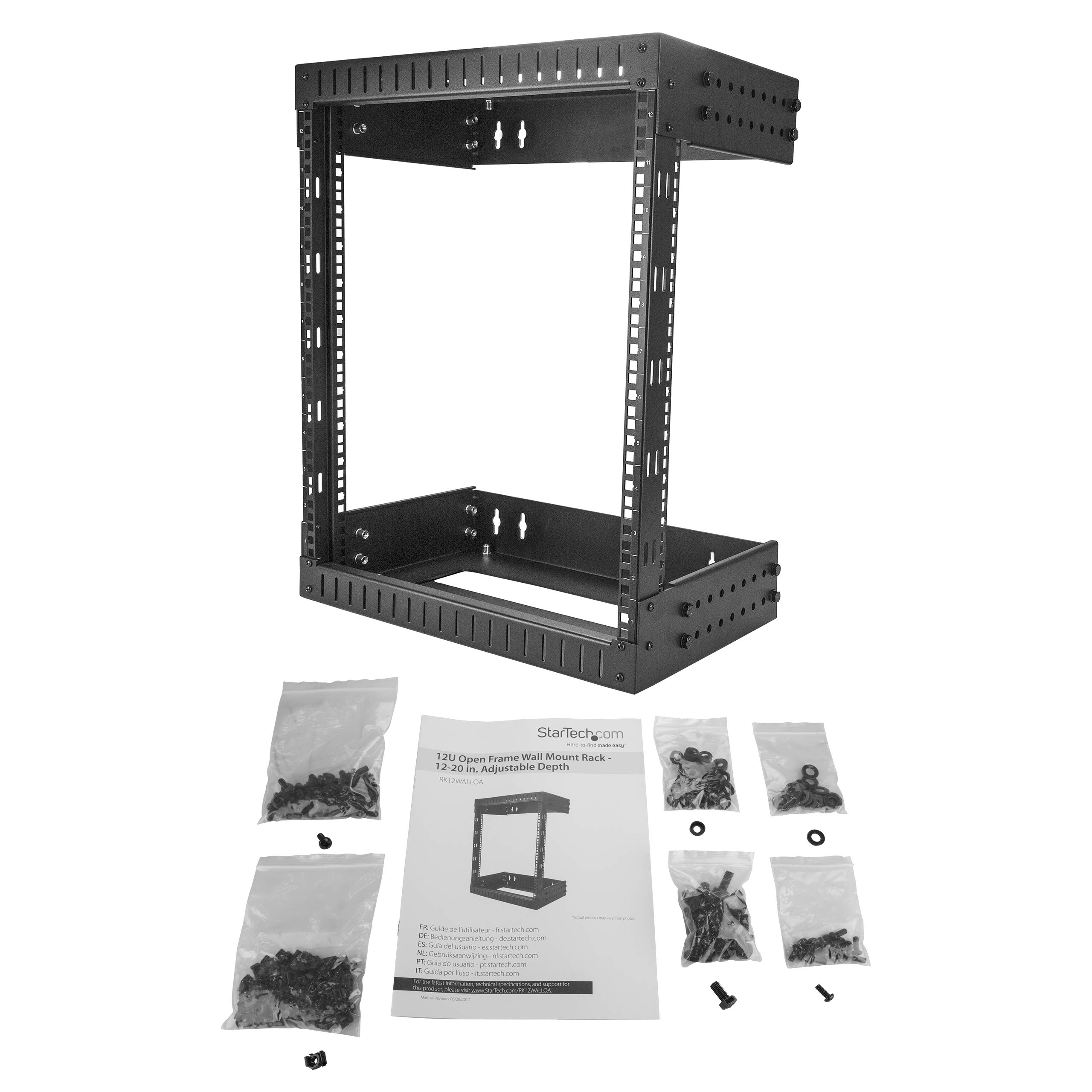 StarTech 2-Pfosten 12HE Wandmontage Netzwerk-Rack, 19" (RK12WALLOA) | Open Frame Serverrack, Daten-Rack, für IT/AV/Patch Panele/Computer-Ausrüstung, kaltgewalzter Stahl, 90kg