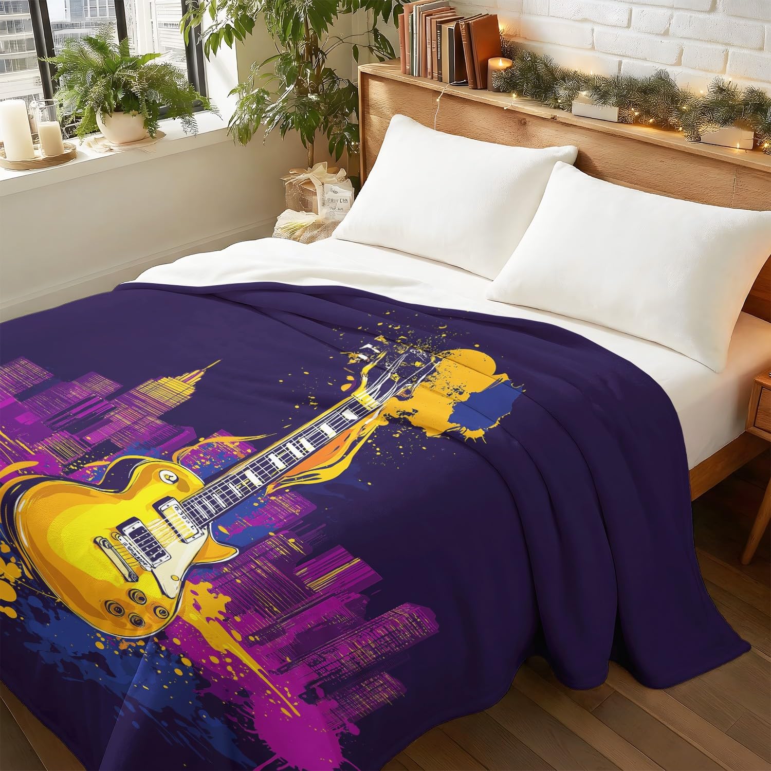 Coperta in flanella con musica rock, Urban Dynamic chitarra elettrica, morbida, per letto, divano, divano, coperta soffice in microfibra, per bambini e adulti, 200 x 200 cm, blu