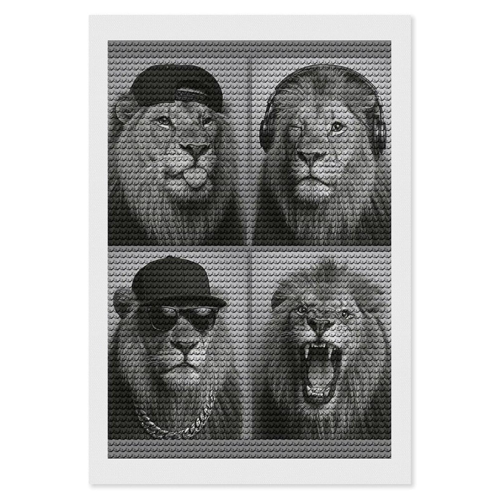 Junmoney Monochrome Lions with Accessories Collage Diamond Painting Set 8"x12", Holiday Gift Idea, for Creative Relaxation, Fun Craft Experience, Vintage Style Decor