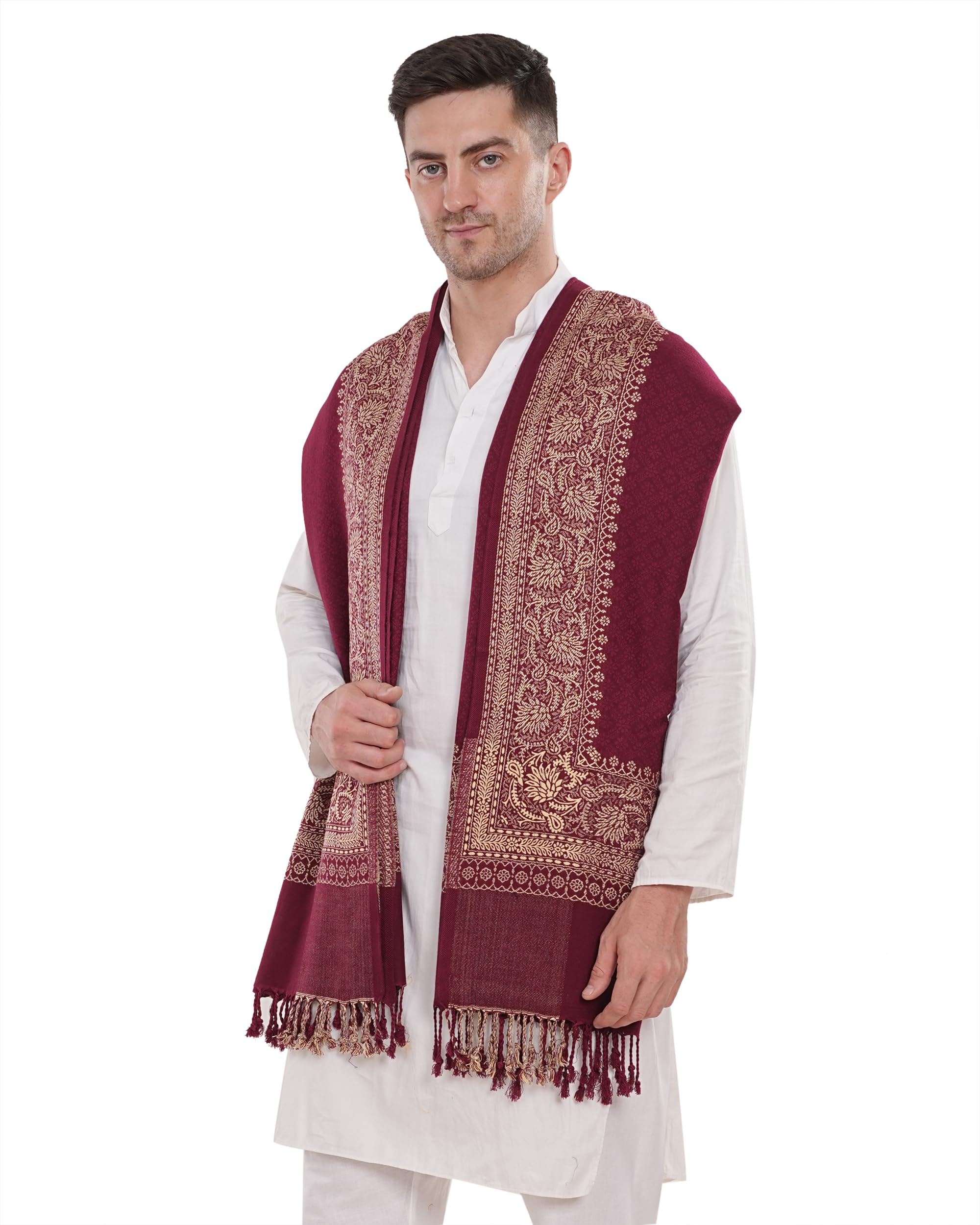 Men’s Kashmiri Wool Shawl – Floral Border & Tassels | Self Design Luxury Ethnic & Wedding Stole-image-47