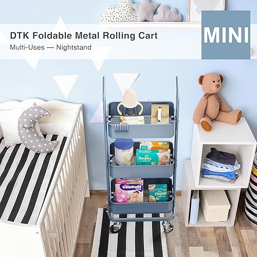 Miniatura 3 de DTK Mini carrito plegable de 3 niveles, carrito utilitario de metal con ruedas con bloqueo, carrito de almacenamiento plegable para sala de estar,