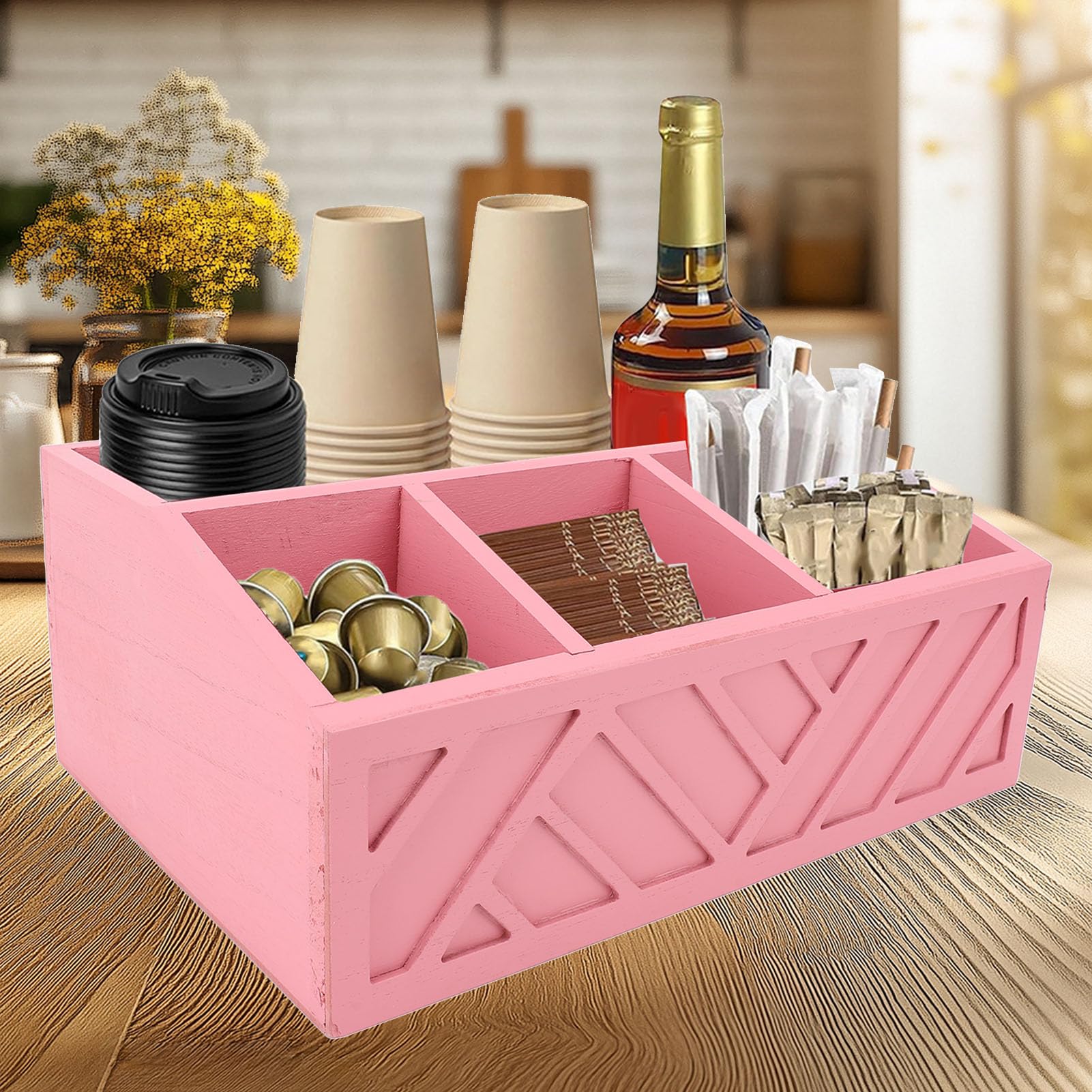 Tea Bag Organizer, 5 Compartments Wooden Tea Bag Holder for Beverage Supplies, Sugar, Sweeteners, Individual Packets, Mini Countertop Divided Tea Storage Accessories (Pink)