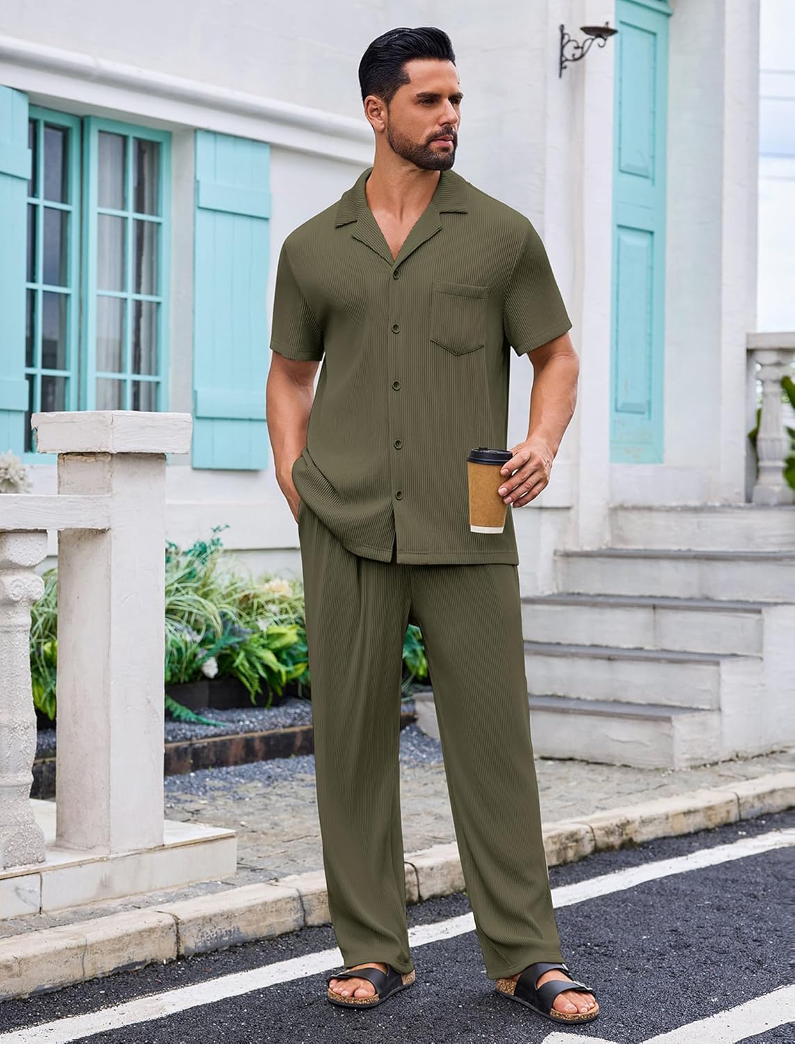 Mens Two Piece Summer Outfit Short Sleeve Ribbed Shirt and Pants with Pockets Loungewear Beachwear Sleepwear - Image 3