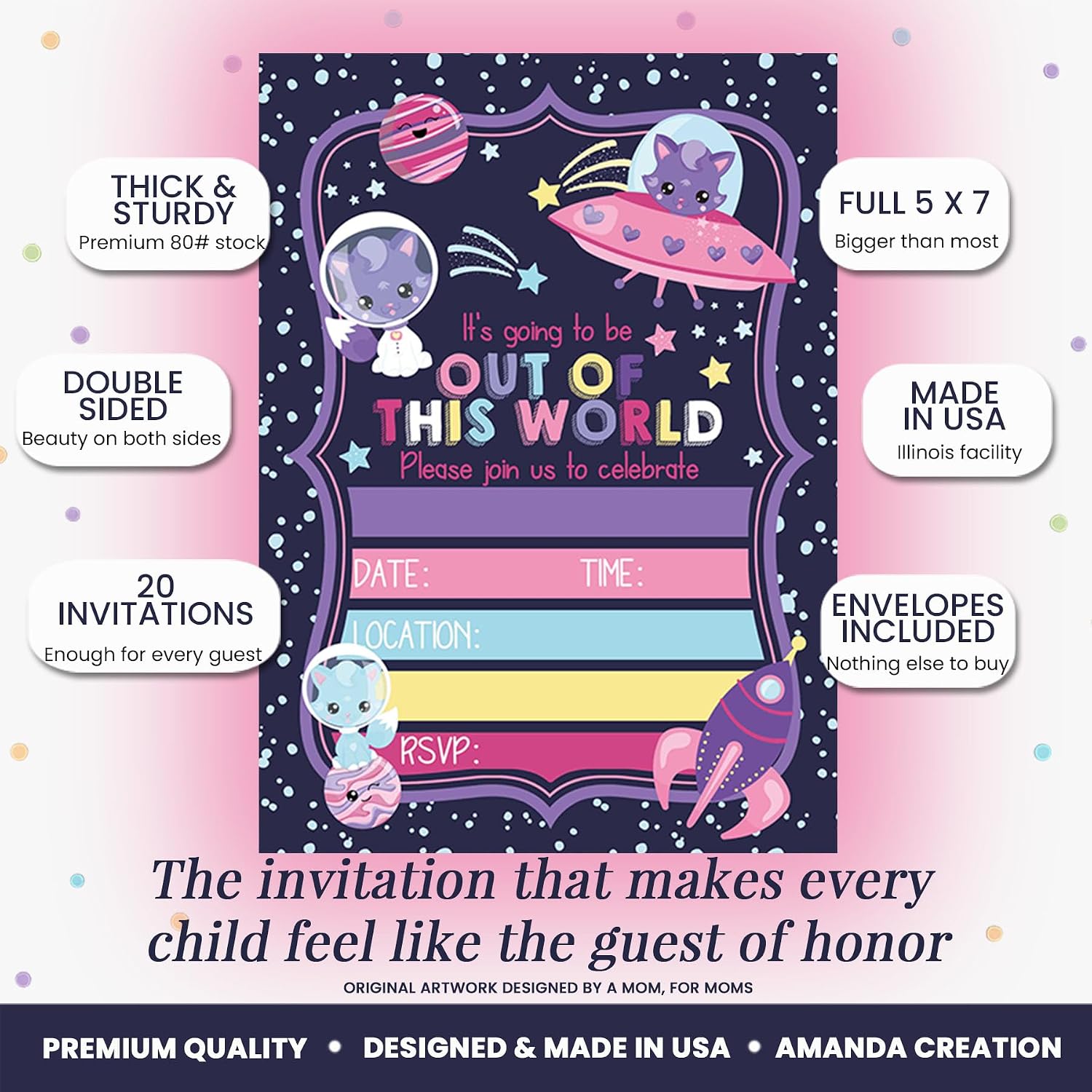 Out Of This World Cute Cats In Space Themed Birthday Party Invitations for Kids, 20 5x7 Fill In Cards with Twenty White Envelopes by AmandaCreation