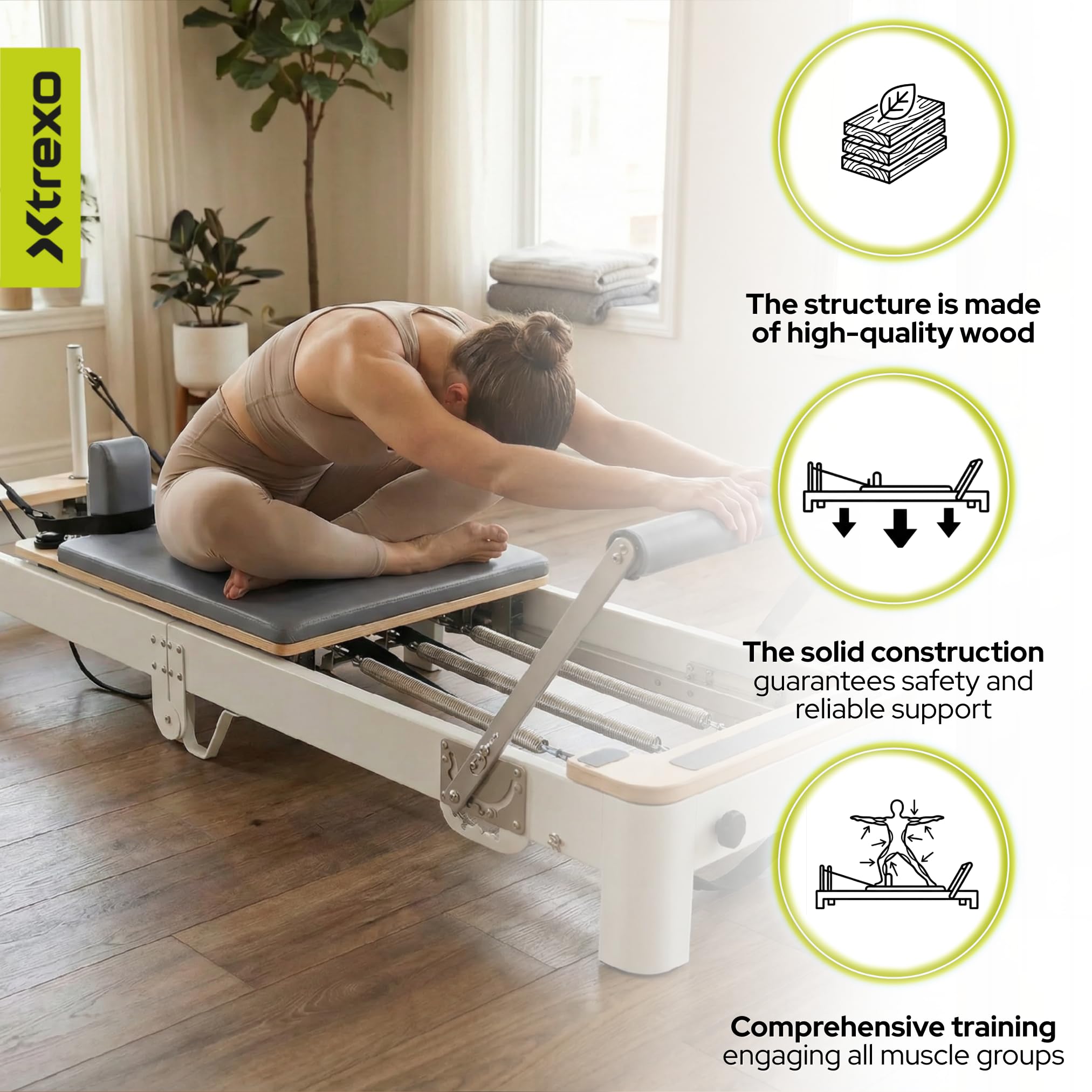 CTRL-Core W – profesjonalny reformer do pilatesu z prawdziwego drewna – składana konstrukcja i 5 sprężyn oporowych – obciążenie do 200 kg – trening całego ciała do domu i studia – w zestawie