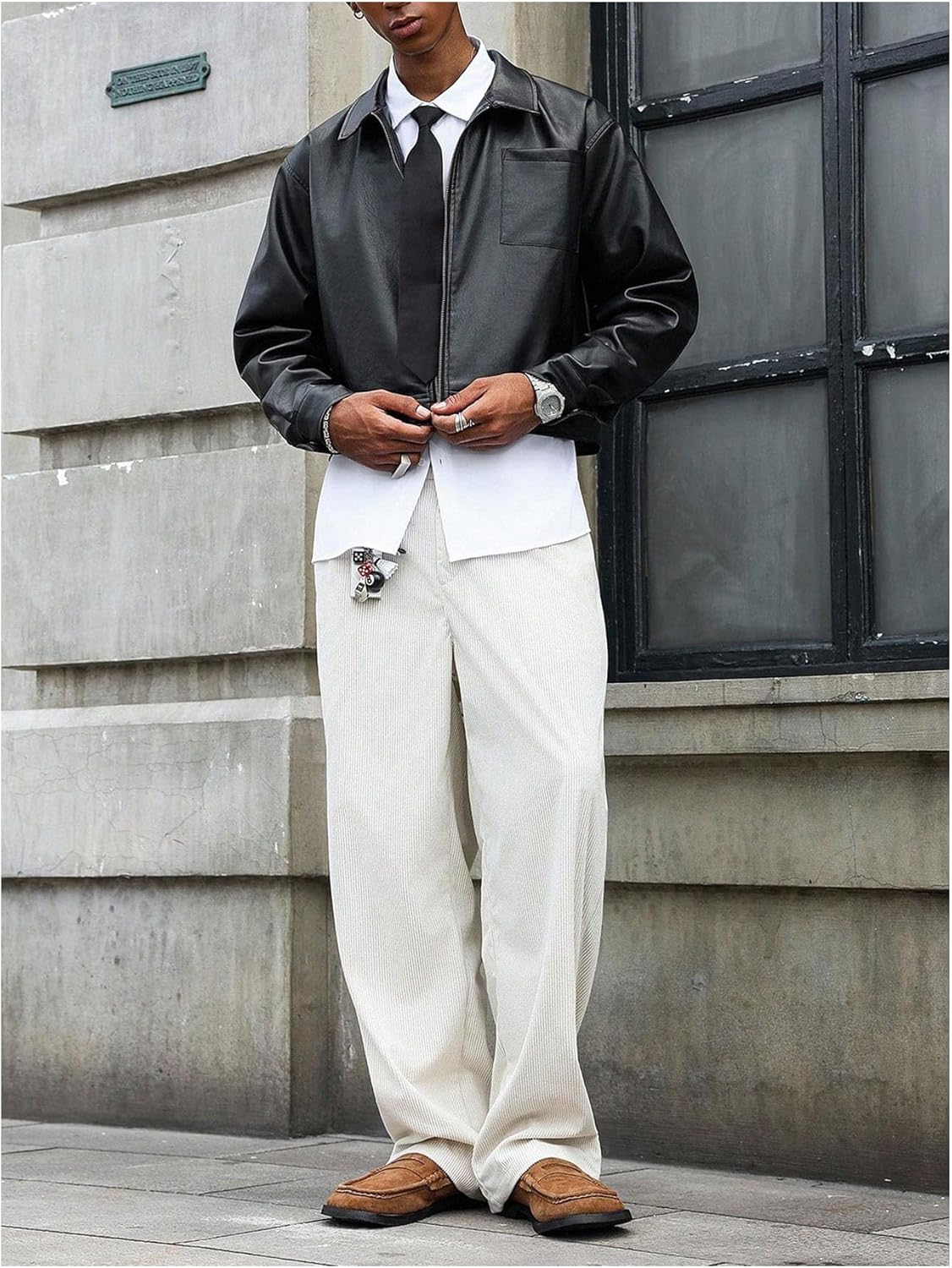 Men's Faux Leather Jacket Long Sleeve Zip Up Collared Crop Biker Motorcycle Lightwe... - Image 3