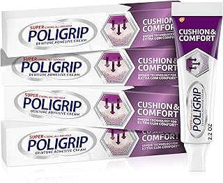 Poligrip Cushion & Comfort, Denture and Partials Adhesive Cream for Extra Comfort and Hold of Dentures, 2.2 Ounces (Pack of 4)