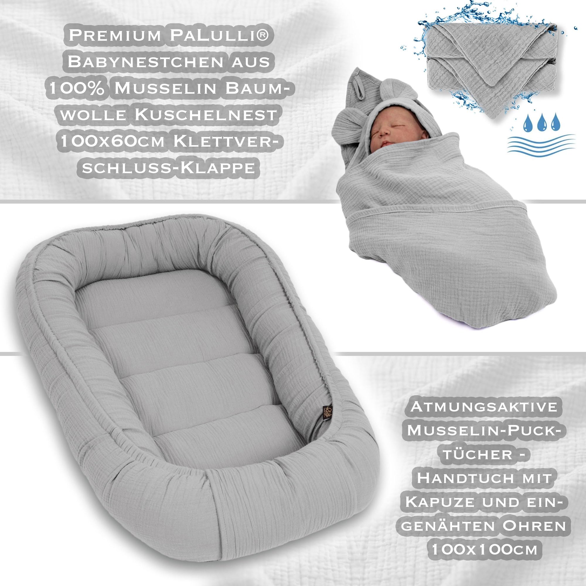 PaLulli® 2-stronne muślinowe gniazdo niemowlęce z chustką, oddychający muślin – ręcznik z kapturem i wszytymi uszami, 100% muślinu Oeko Tex, przytulne gniazdo kokon do łóżeczka dziecięcego (jasnoszare