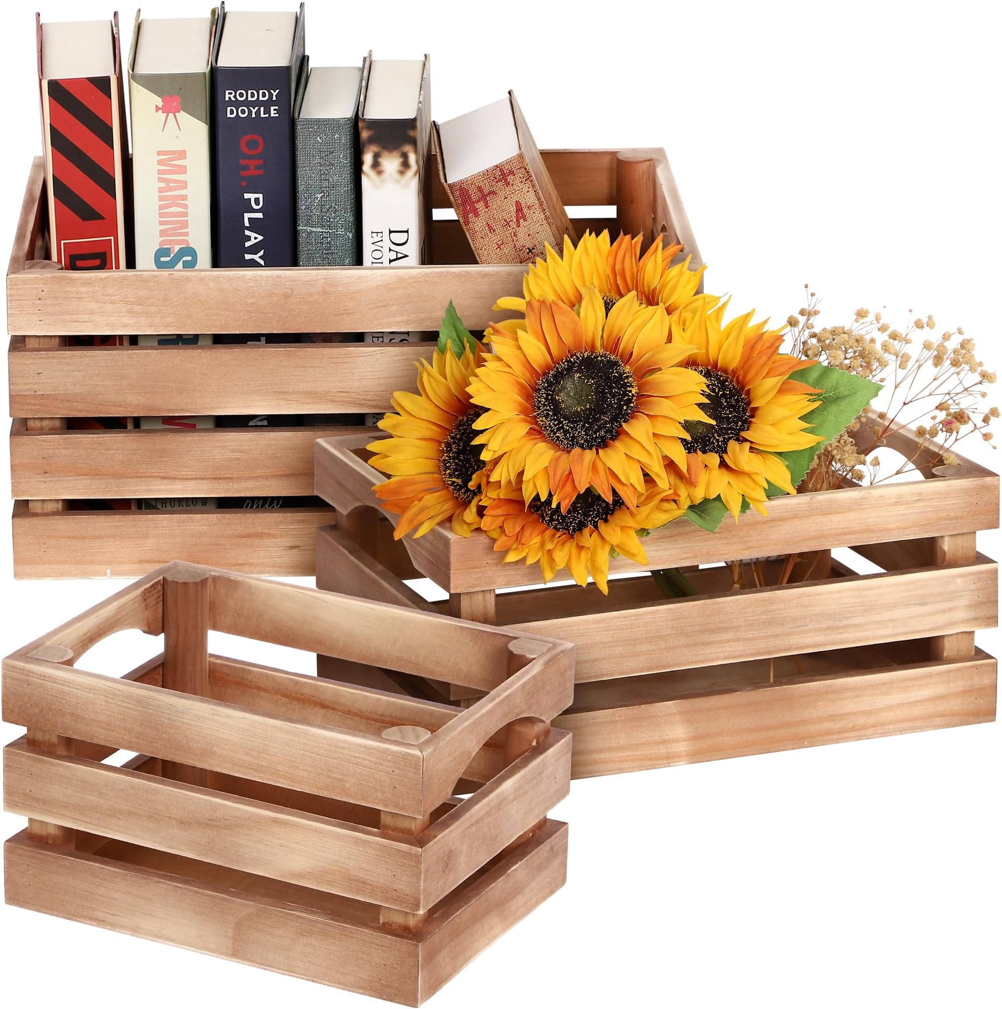 HouseablesWooden Crates, Rustic Wood Crate Set of 3, Brown, Decorative Storage Boxes, Farmhouse Decor Baskets, Stackable Vintage Bins, Nesting Basket For Organizing, Display, Crafts, Wine, Decoration