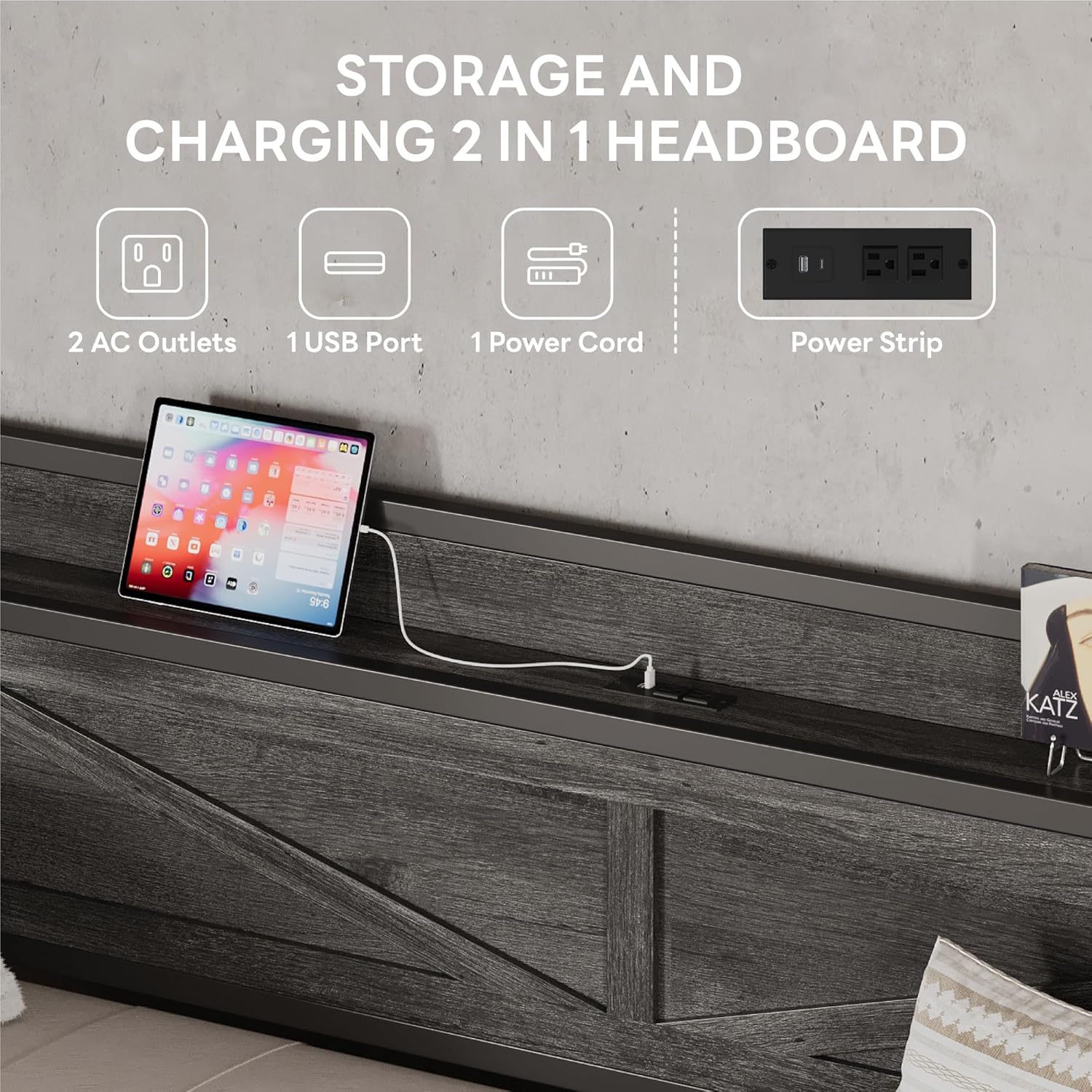 LIKIMIO Twin Daybed, Day Beds with Pop Up Trundle, Storage Headboard with Charging Station, Strong Supports for Apartment and Other Small Space, Charcoal Grey