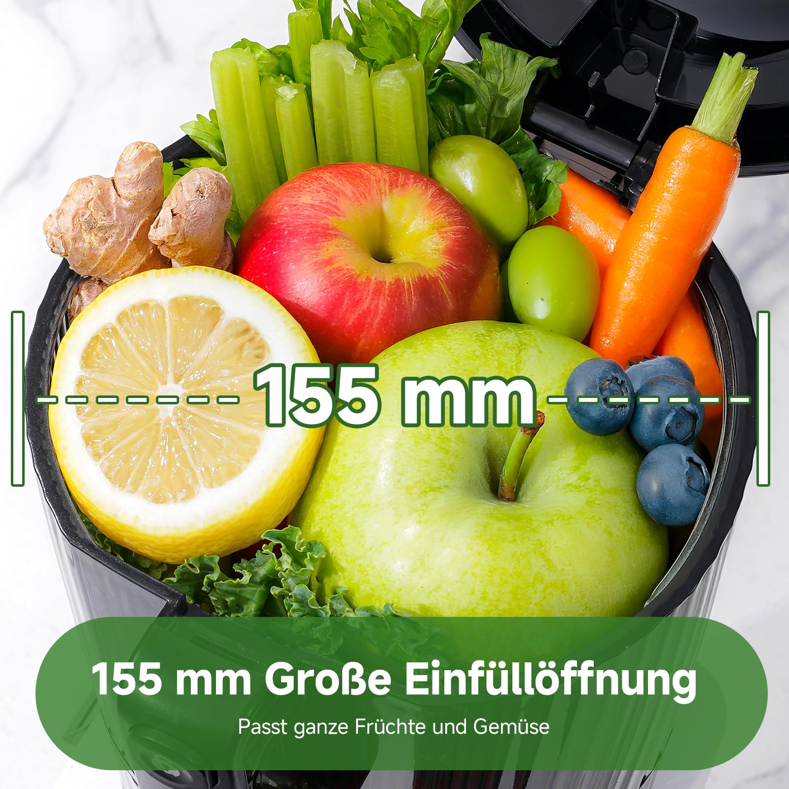 AMZCHEF Entsafter Slow Juicer für ganze Früchte & Gemüse, Kaltpress Saftpresse mit 155 mm XXL-Einfüllöffnung, 2,5 L Behälter, 3-in-1 Sieb (für Saft, Sorbet & Nussmilch), leicht zu reinigen, Schwarz
