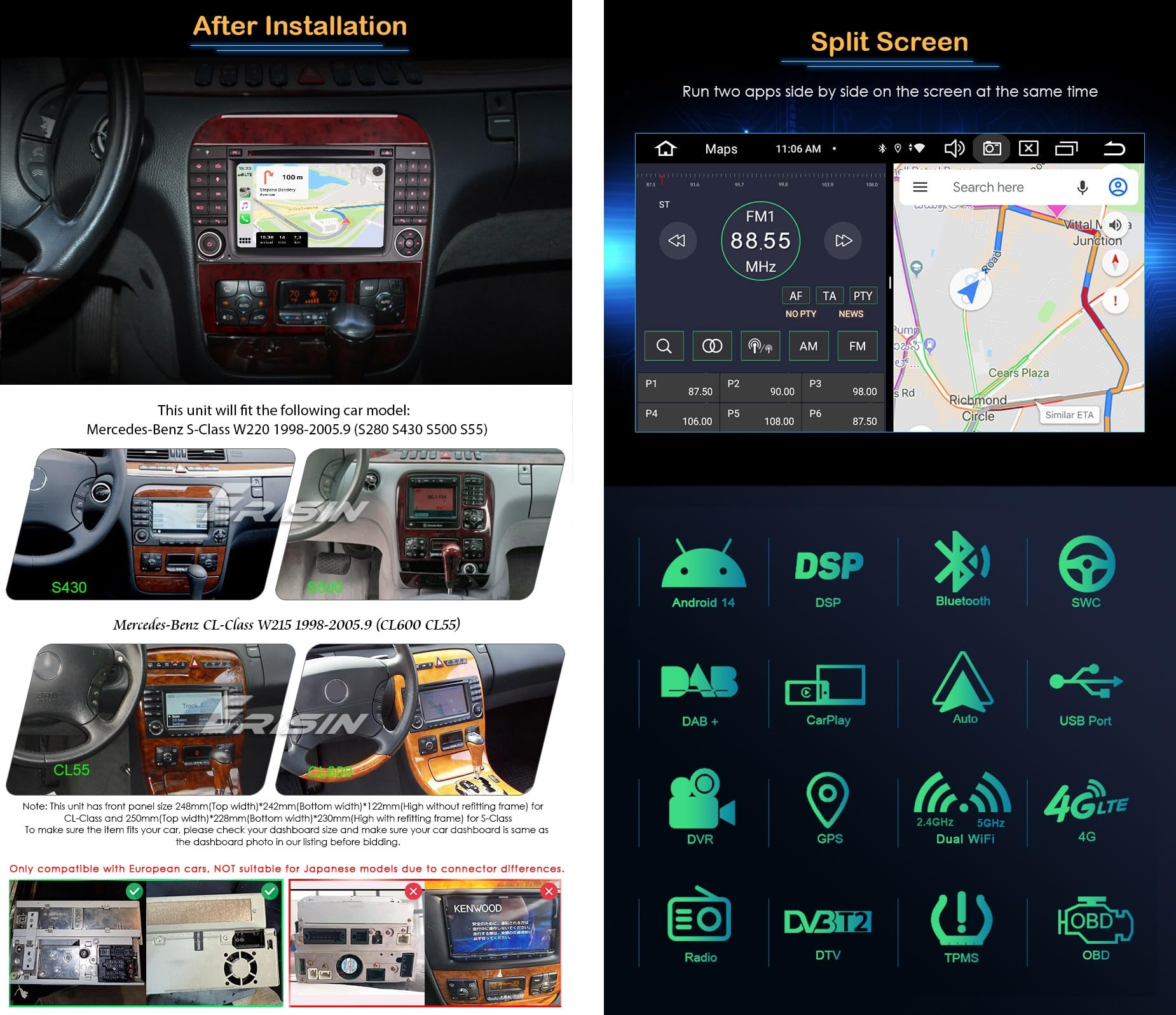 8 Core Android 14 Autoradio Stéréo pour Mercedes S/CL Class W220 W215 GPS Navigateur Carplay sans Fil Android Auto DSP Bluetooth WiFi Commande au Volant Dab+ GPS IPS 7 Pouces écran Tactile 4Go 64Go