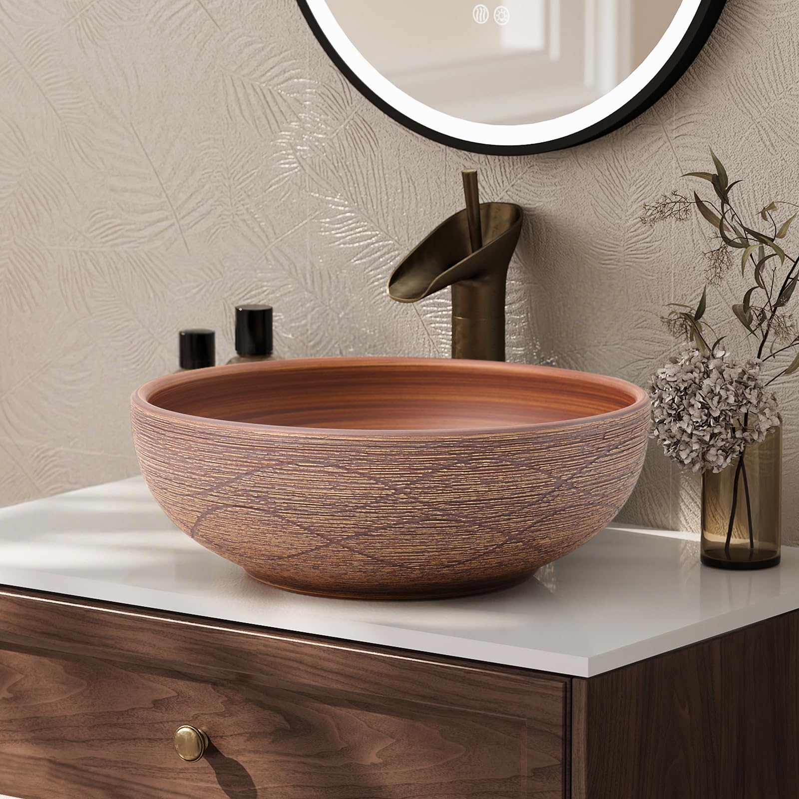Homary Bathroom Vessel Sink, 15.07" Round Bowl Sink Retro Ceramic Washbasin Above Counter for Bathroom,Without Pop-up Drain, Retro Brown