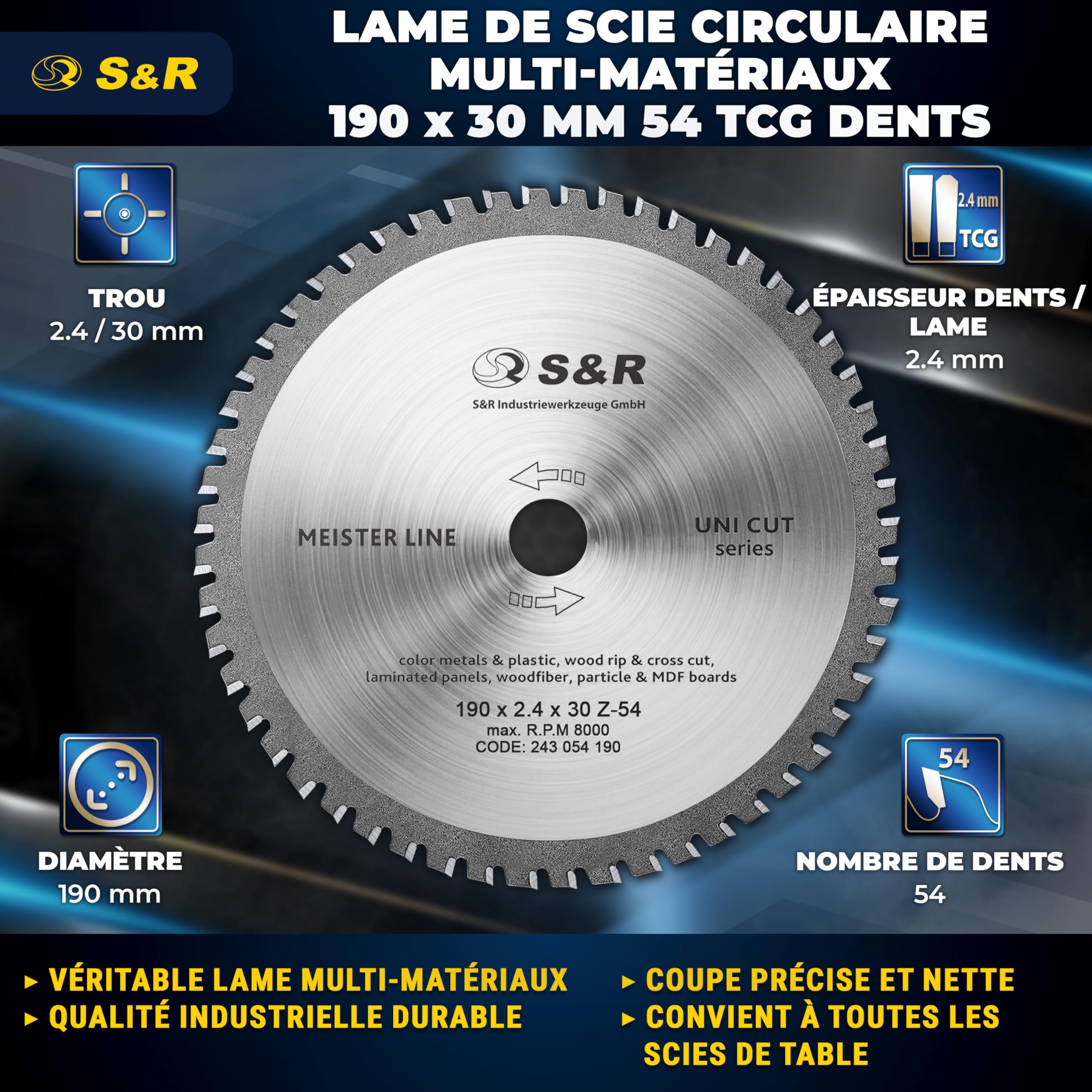 Lame Scie Circulaire S&R 190x30 Mm 60 Dents FWF - Multi-Matériaux Bois Métal Aluminium Pour Bosch Makita Einhell Ryobi