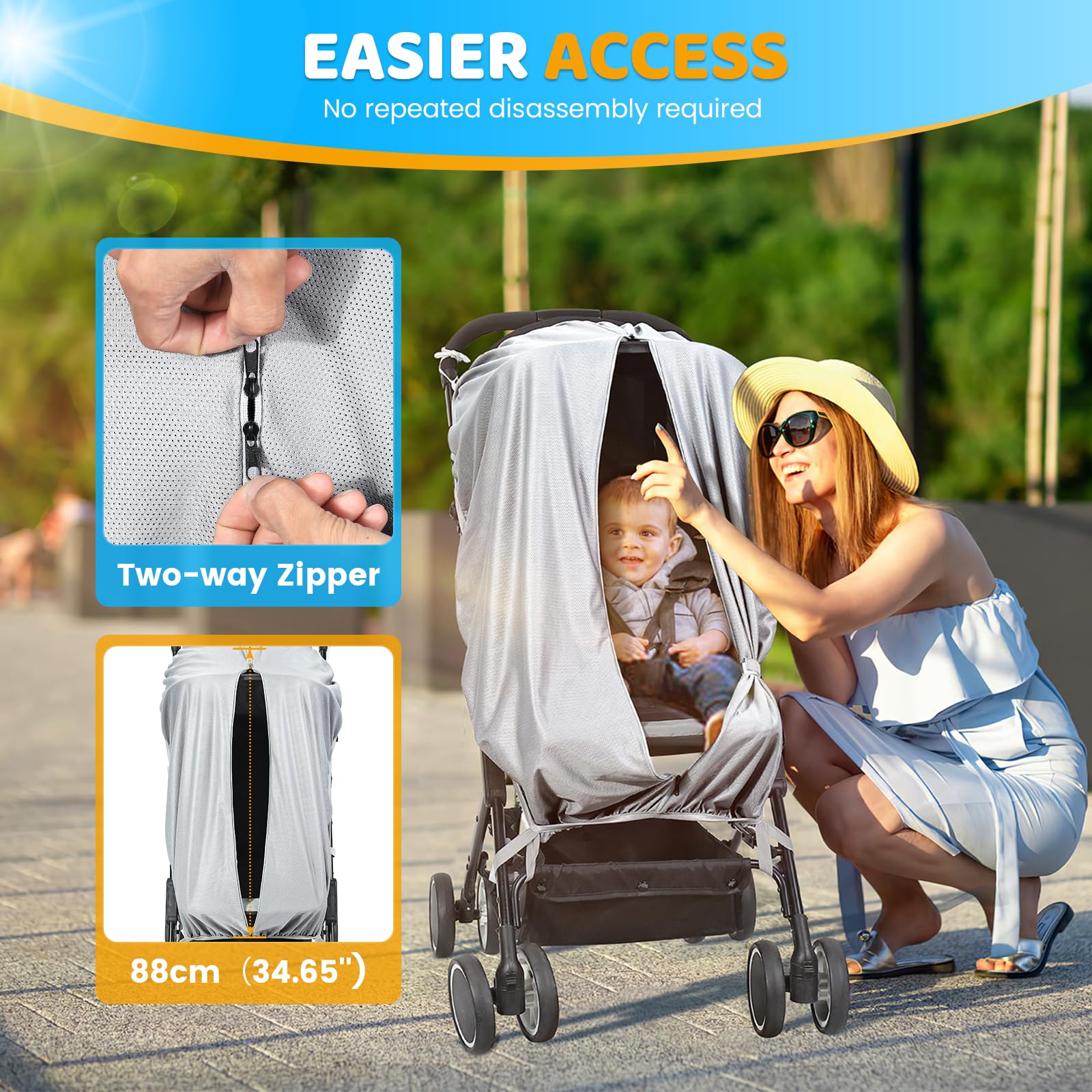 Orzbow Pram Sun Shade, Universal Sun Shade for Pram Breathable Stroller Sun Shade with Two-Way Zip, Strong Sun Shading - Image 3