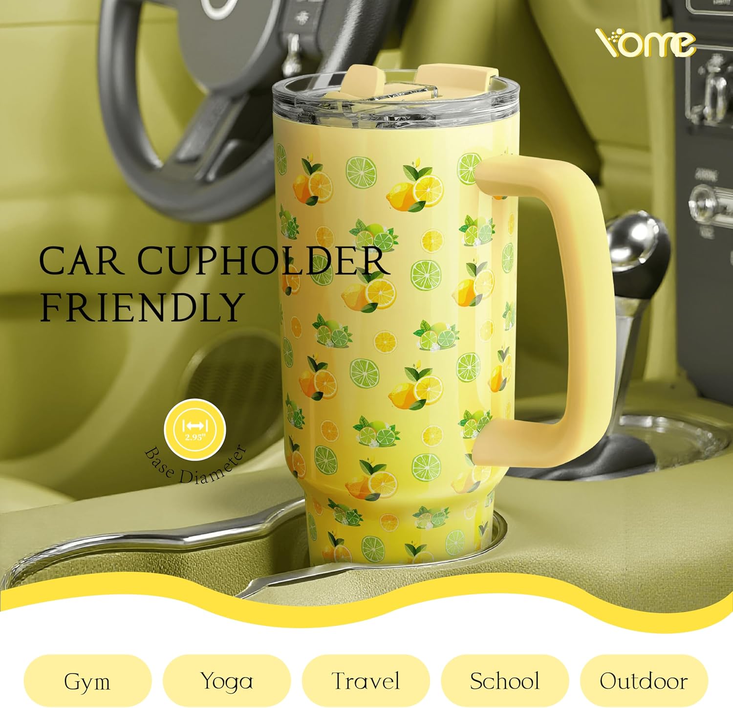 YOME 40 oz Lemon Yellow Tumbler with Handle and Flip Straw for Women | Stainless Steel Insulated Water Bottle | Keeps Drinks Cold | Dishwasher Safe | Cupholder Friendly | Gift Gym Travel Yoga - Image 3