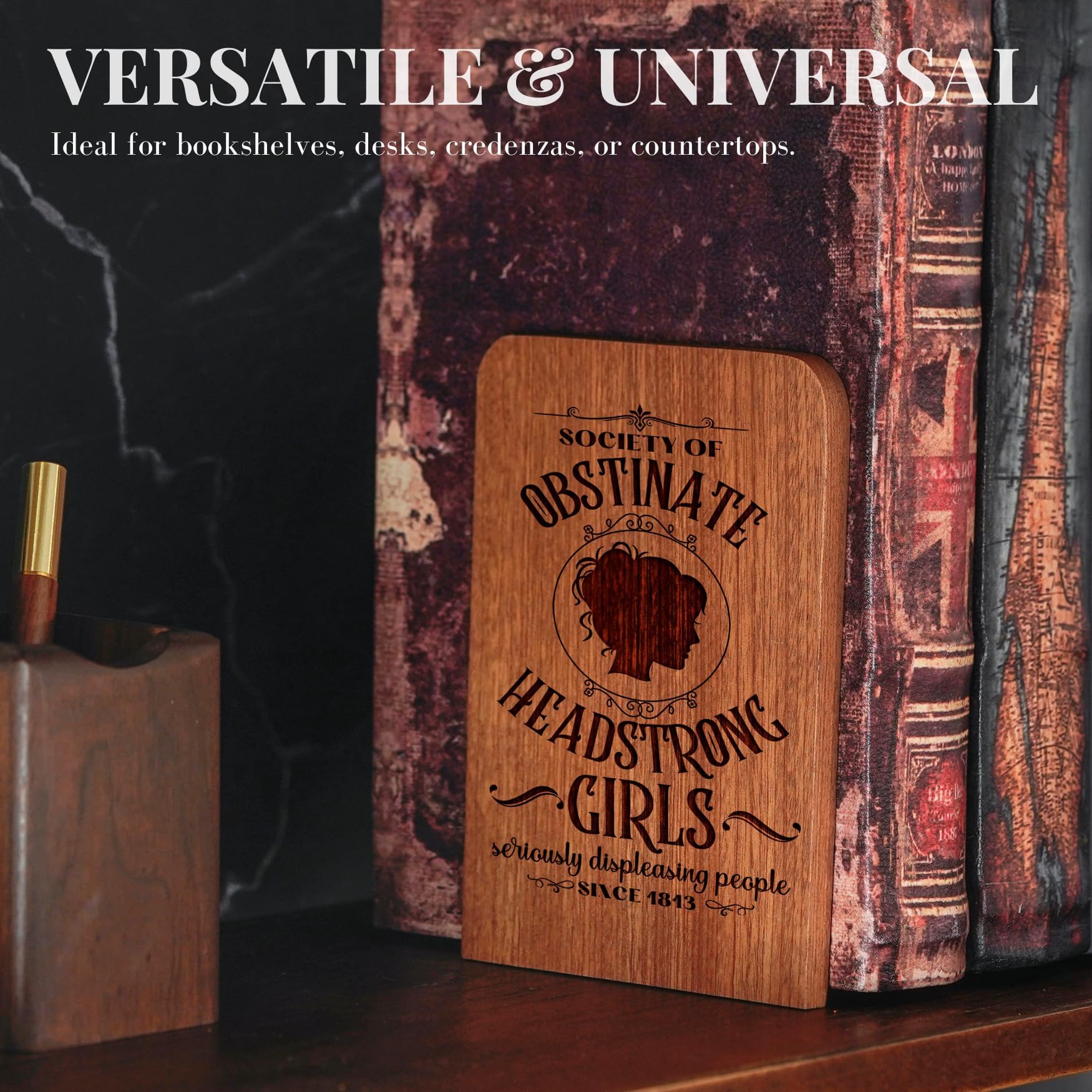 Jane Austen Gifts for Women Men, Novelty Bookends Unique, Pride and Prejudice Gifts for Book Lovers, Heavy Duty Wooden Book Ends for Shelves Decorative(1 Pair, 4.72x6.69 Inches)