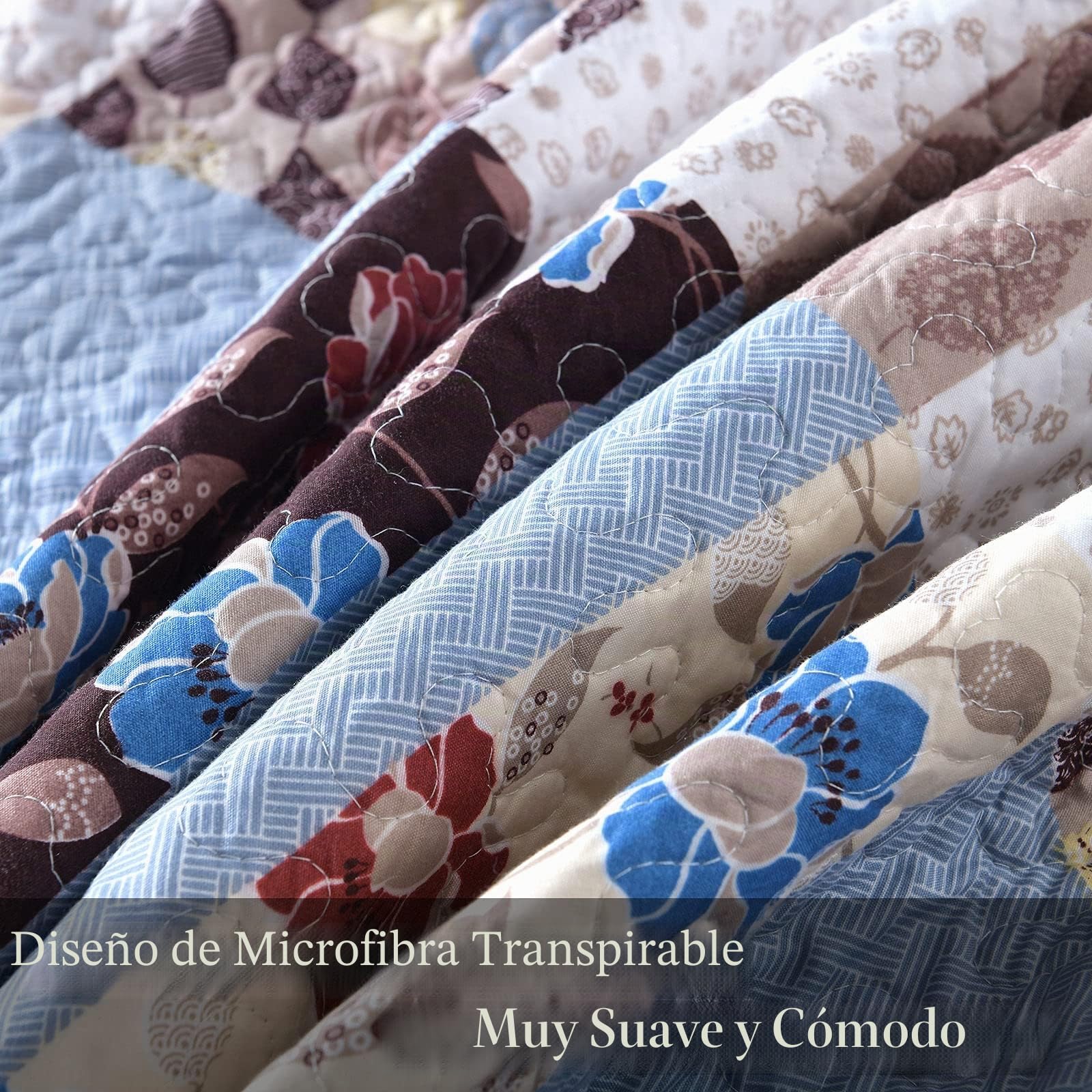 Qucover Cubrecama Patchwork para Cama 150 180,Colcha nordica bouti de piqué,Manta con Fundas de Almohada,Retazos Reversible para Matrimonio Verano King Size (Patchwork Azul, 230x250cm+50x70cm*2)