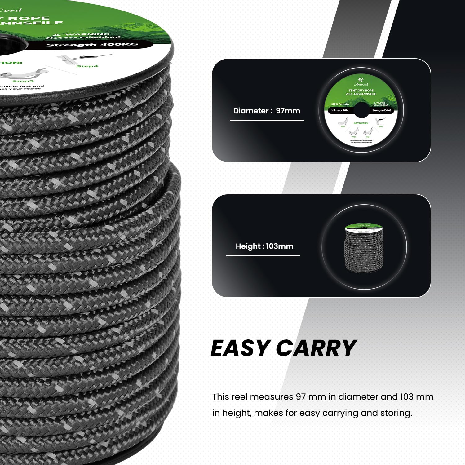 Abma Cord Linka Namiotowa 5mm 30M Sznurek Napinający 6 Szt Napinacze Wytrzymała Linka Prowadząca do Kemping, Markiza, Altanę, Plandekowych - Odblaskowy czarny | Odblaskowy, namiot, kemping, pawilony, markiza, plandeka, wędrówki z plecakiem