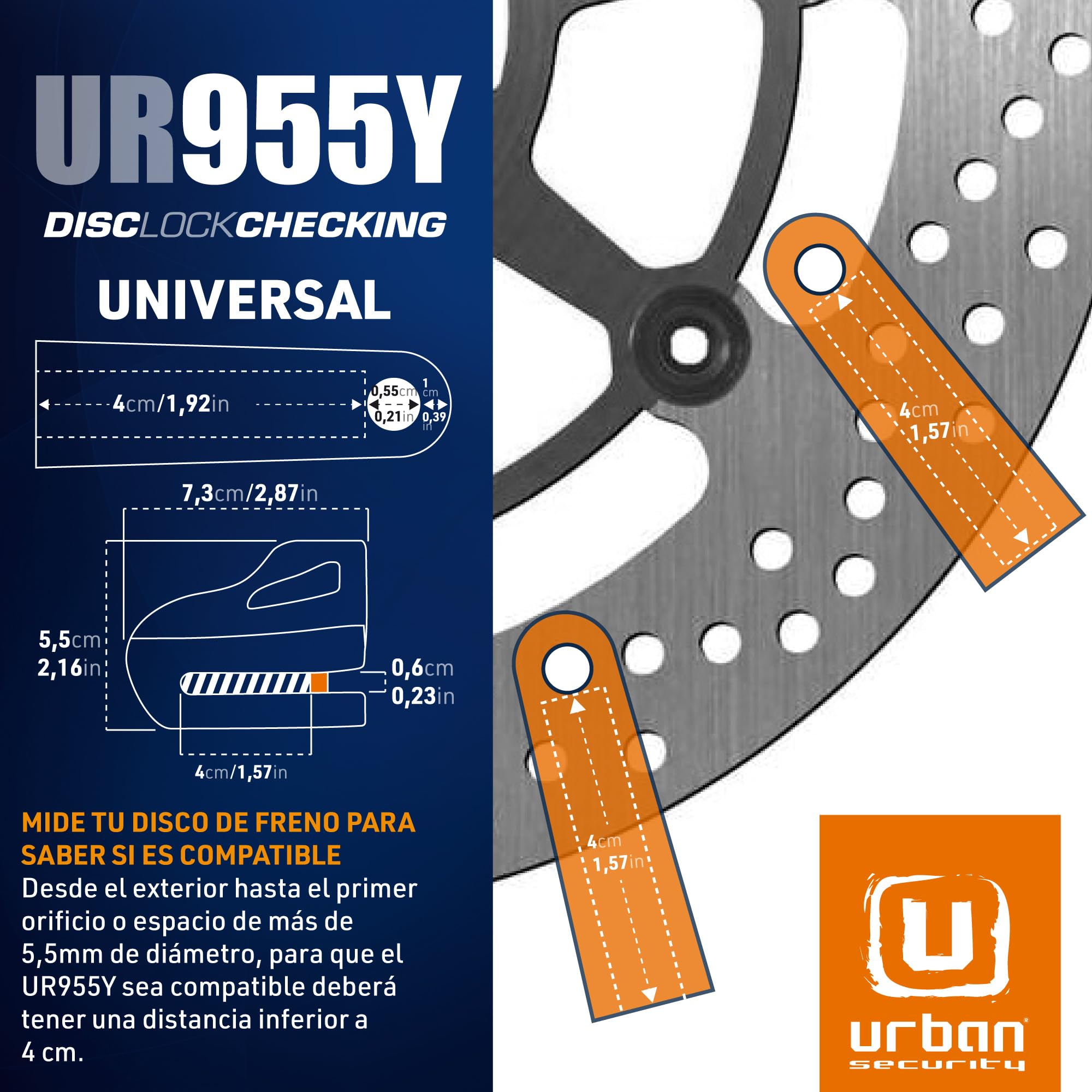URBAN UR955Y Candado Moto Disco Universal, Seguridad Compacta y Eficaz, Más Visible Más Disuasorio, Rápido Bloqueo Click, Antirrobo Bloqueo Pinza Disco Freno Moto, Bicicleta, Patinete Electrico