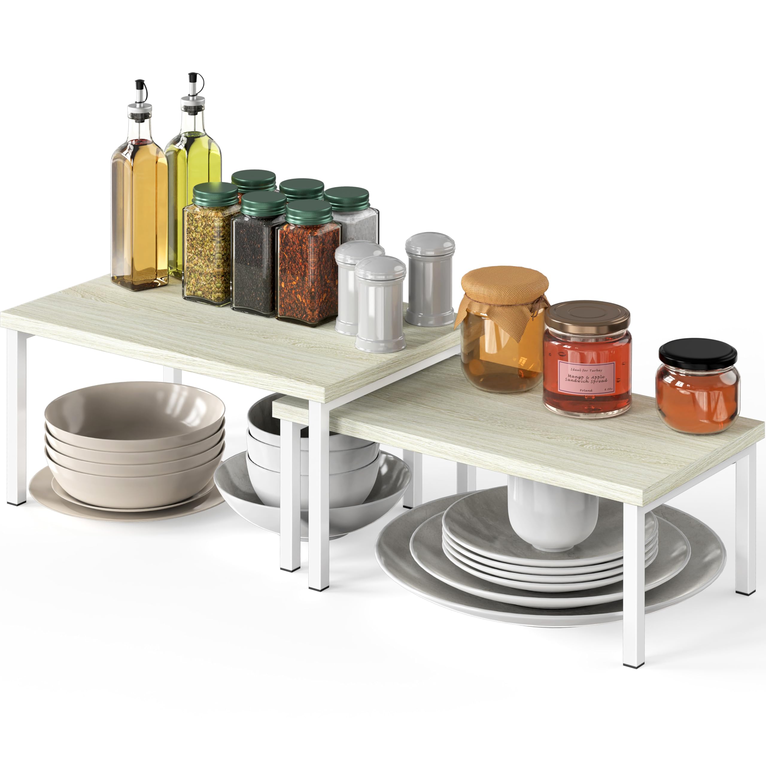 Simple Houseware Expandable Stackable Cabinet and Counter Shelf Organizer with Wooden Surface, 7.6'' D x 11.75'' W x 6.1'' H, Maple