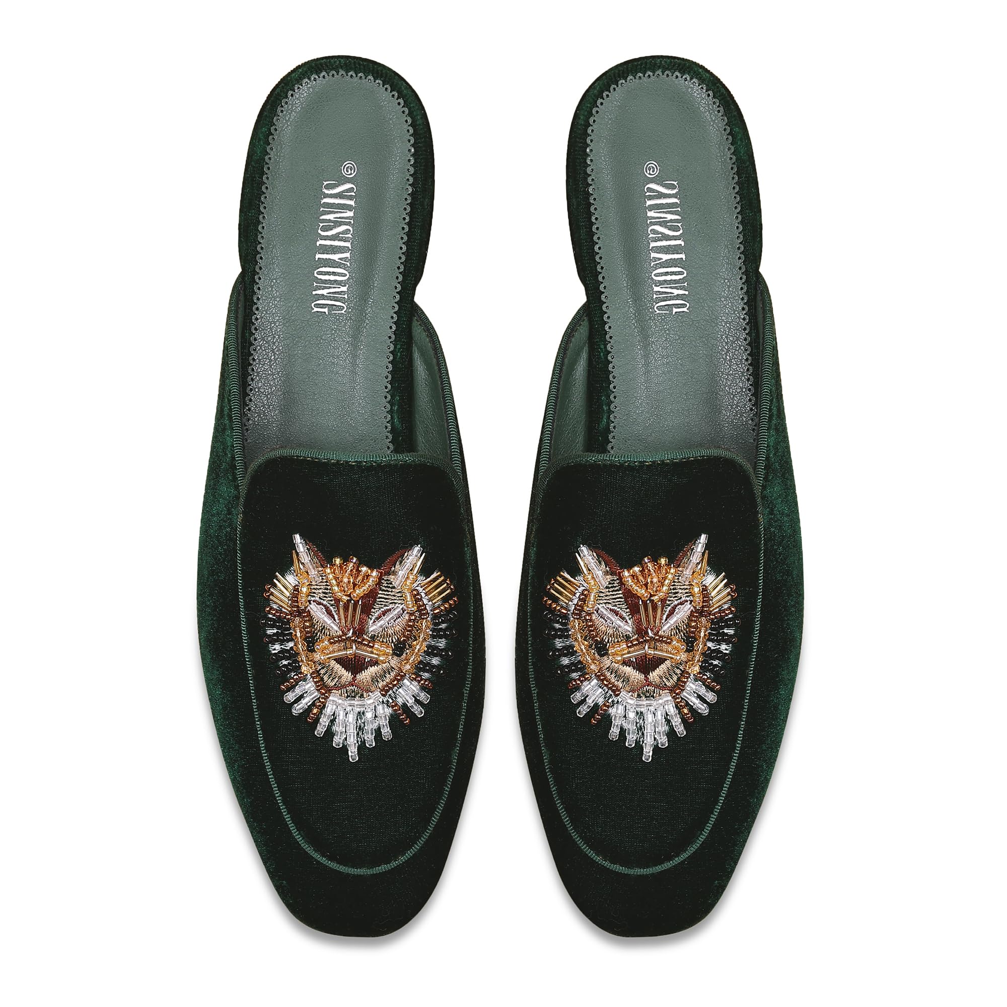 SINSIYONG Embroidered Mules for Women Round Toe Backless Velvet Mules Lion Head Pattern Loafers