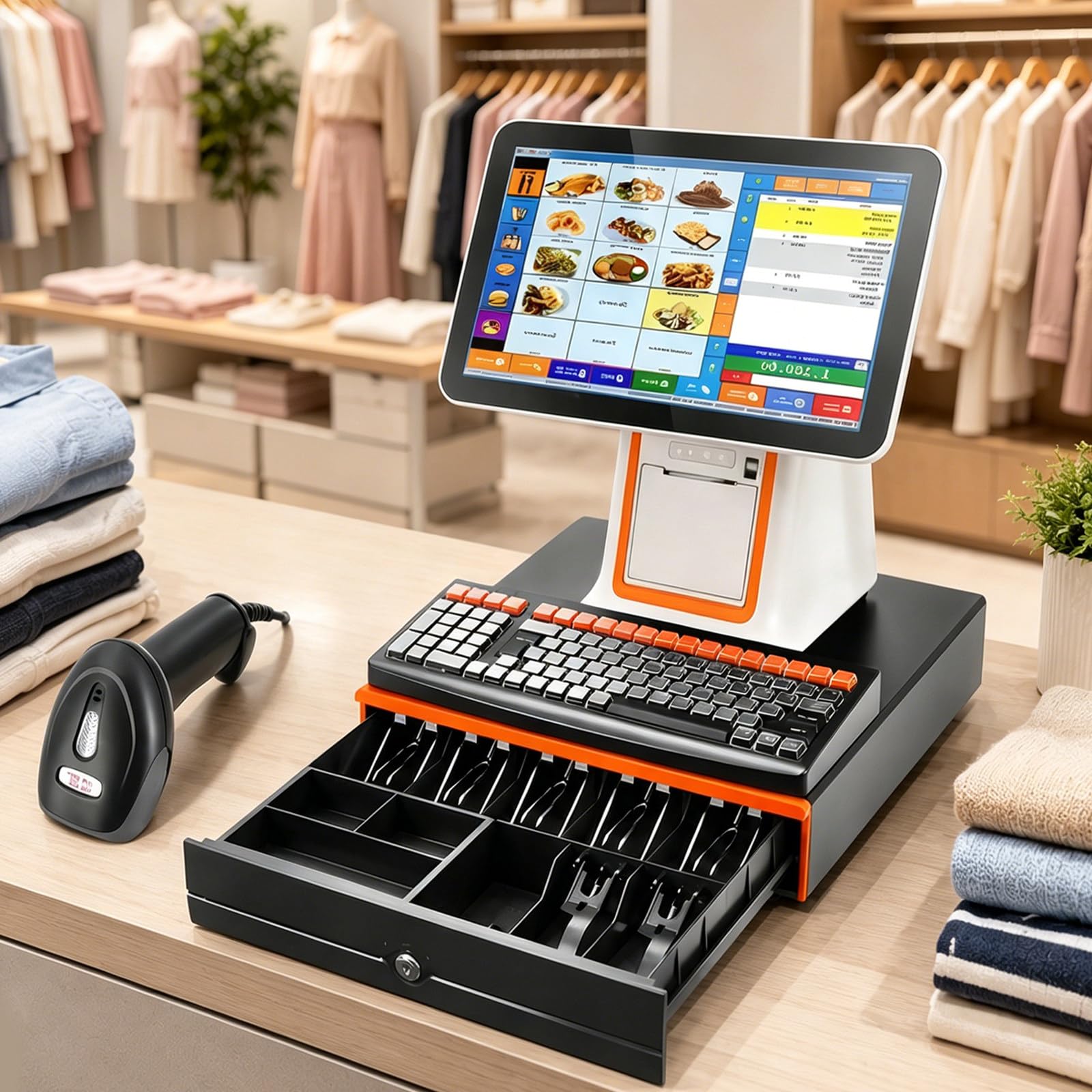Point of Sale System for Small Business, 15.6" Touch Screen Cash Register with Built-In 58mm Printer, Cash Drawer and Barcode Scanner, I5 Pos System for Retail Stores Restaurants Cafes White
