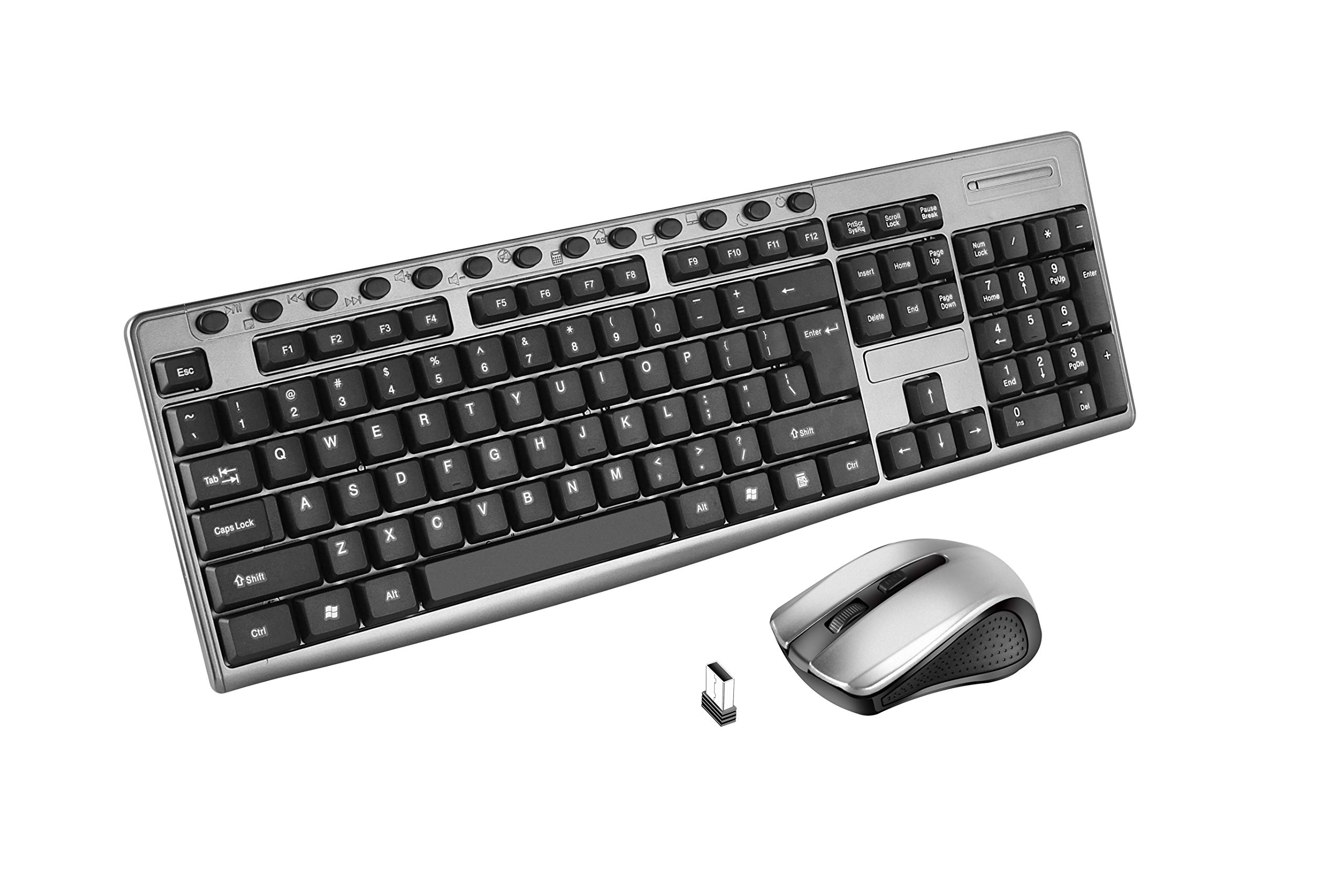 MCSaite Wireless Keyboard and Mouse Combo - Full Size Wireless Multimedia Keyboard and Mouse Set with Number Pad and Nano Receiver for PC Laptop Windows, Quiet and Ergonomic