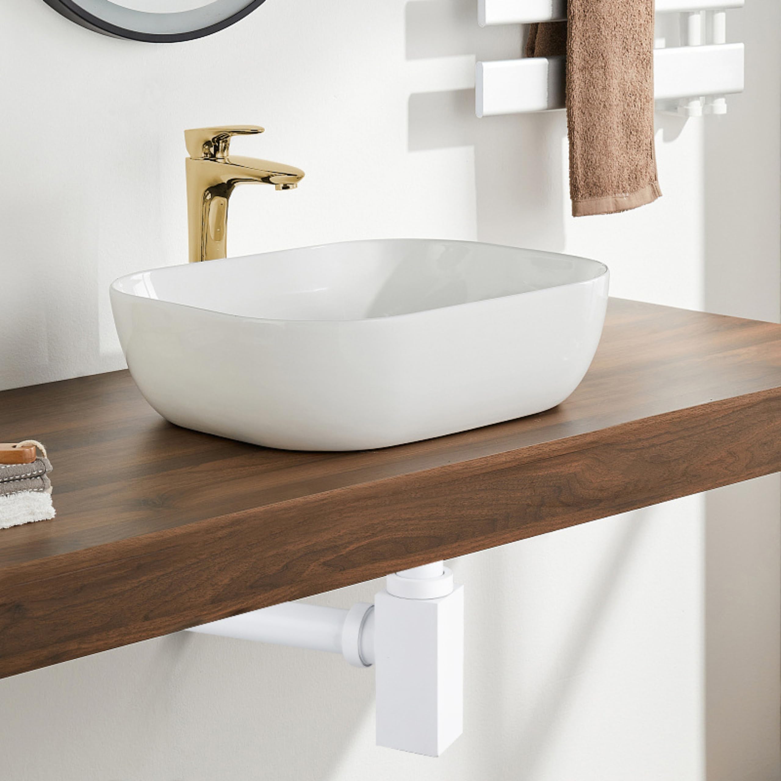 Sifón de Lavabo Universal - Juego de Desagüe para Lavabo de Latón G1 1/4 x 32 mm - Sifón de Botella para Baño - Tubo de Desagüe para Lavabo de Baño, Cuadrado Blanco