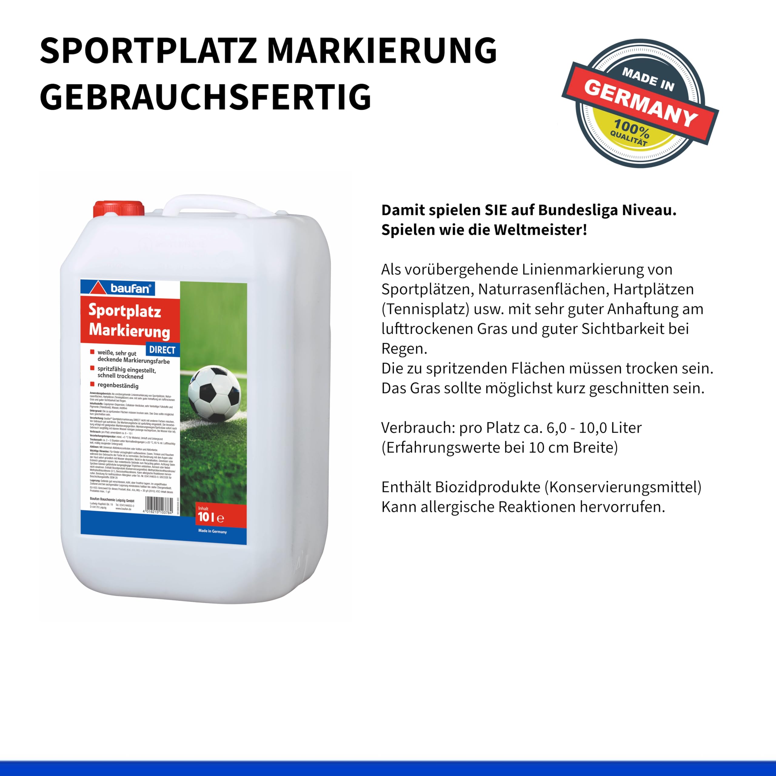 Baufan Sportplatz-Markierung GEBRAUCHSFERTIG 10 Liter | Lösemittelfrei | schnell trocknend | regenbeständig
