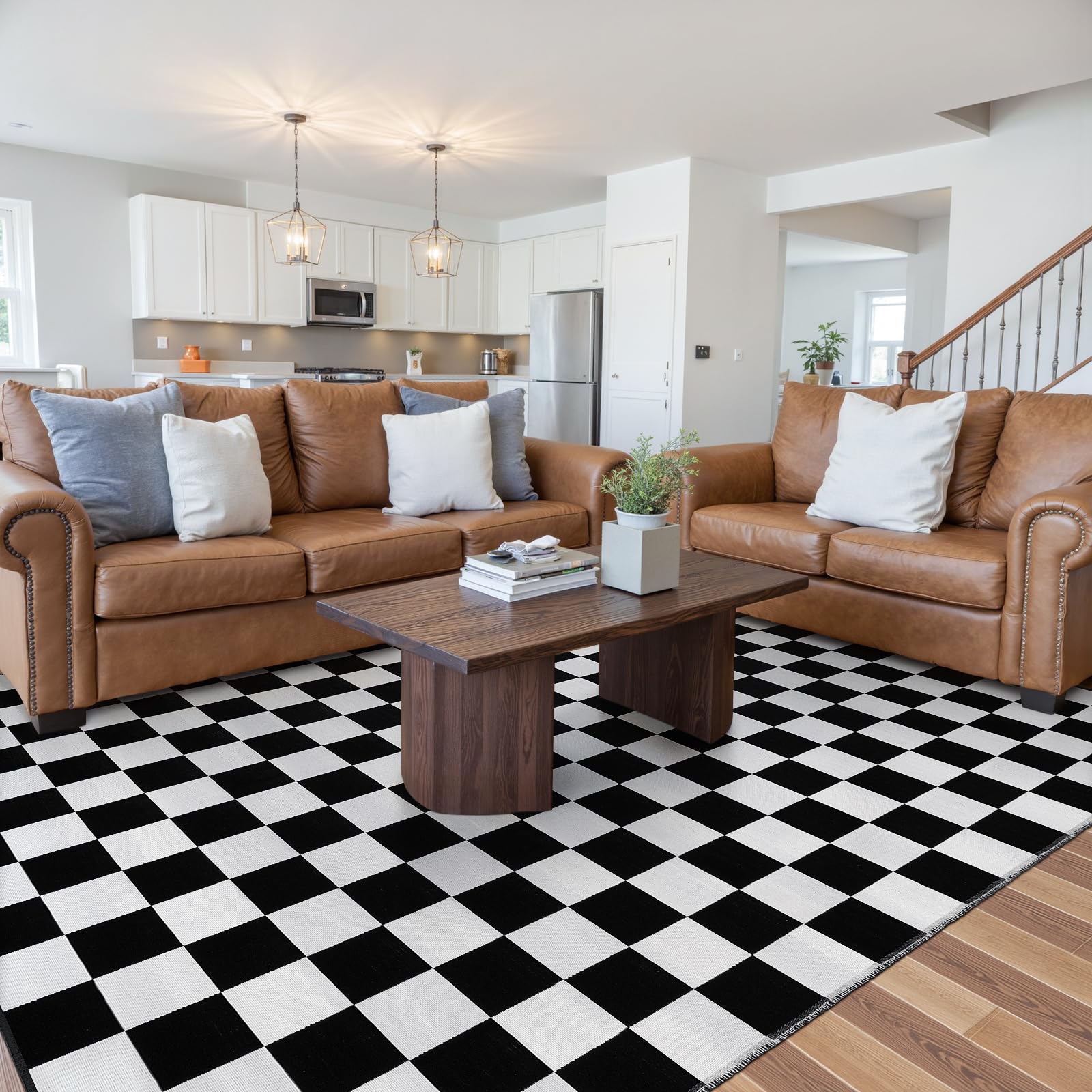 Seavish Checkered Rug, 8x10 Area Rugs for Living Room Large Low-Pile Bedroom Rugs Modern Cotton Woven Black and White Checkerboard Rug Washable