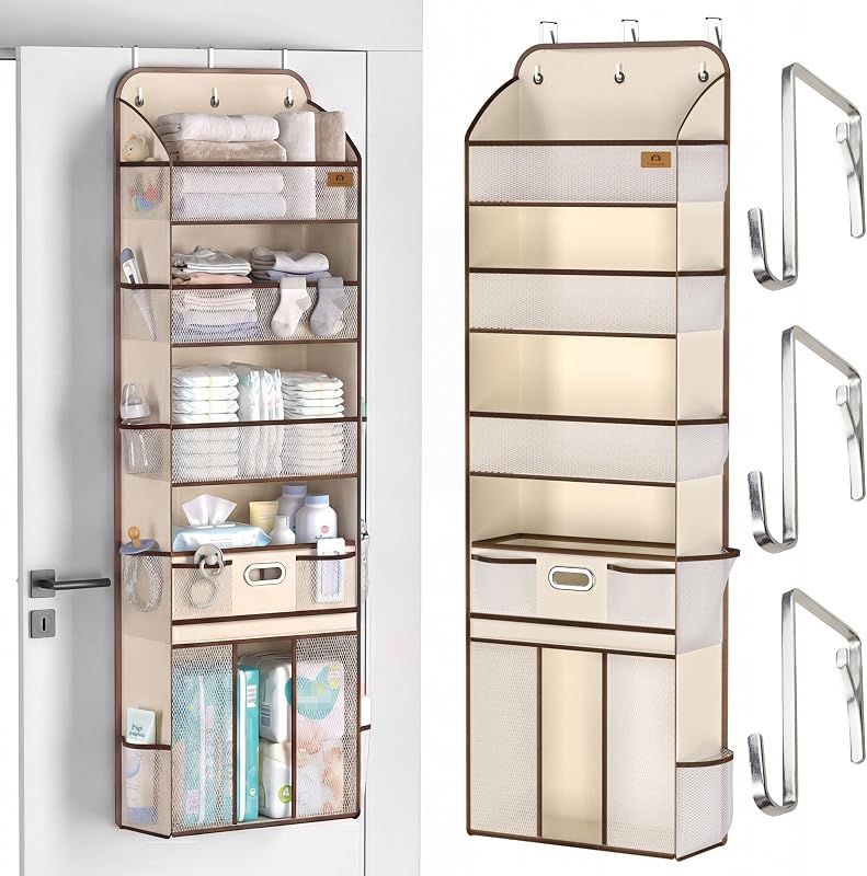 Organizador sobre la puerta para guardería de bebé, almacenamiento colgante con 10 bolsillos | Organizador para pañales extraíble y 3 ganchos resistentes, soporte para artículos esenciales para bebé de capacidad de 55 libras para armario de baño y dormitorio, color beige