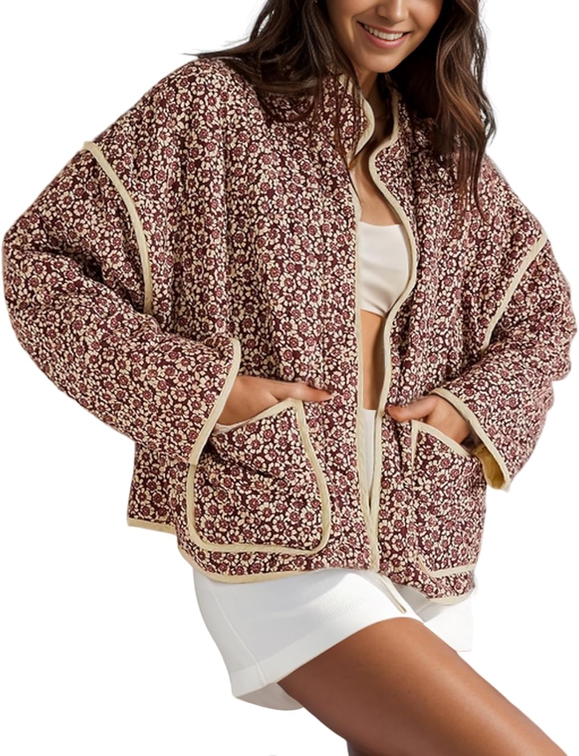 Womens Quilted Lightweight Jackets Floral Print Cropped Puffer Jacket Open Front Cardigan with Pockets Winter Coats