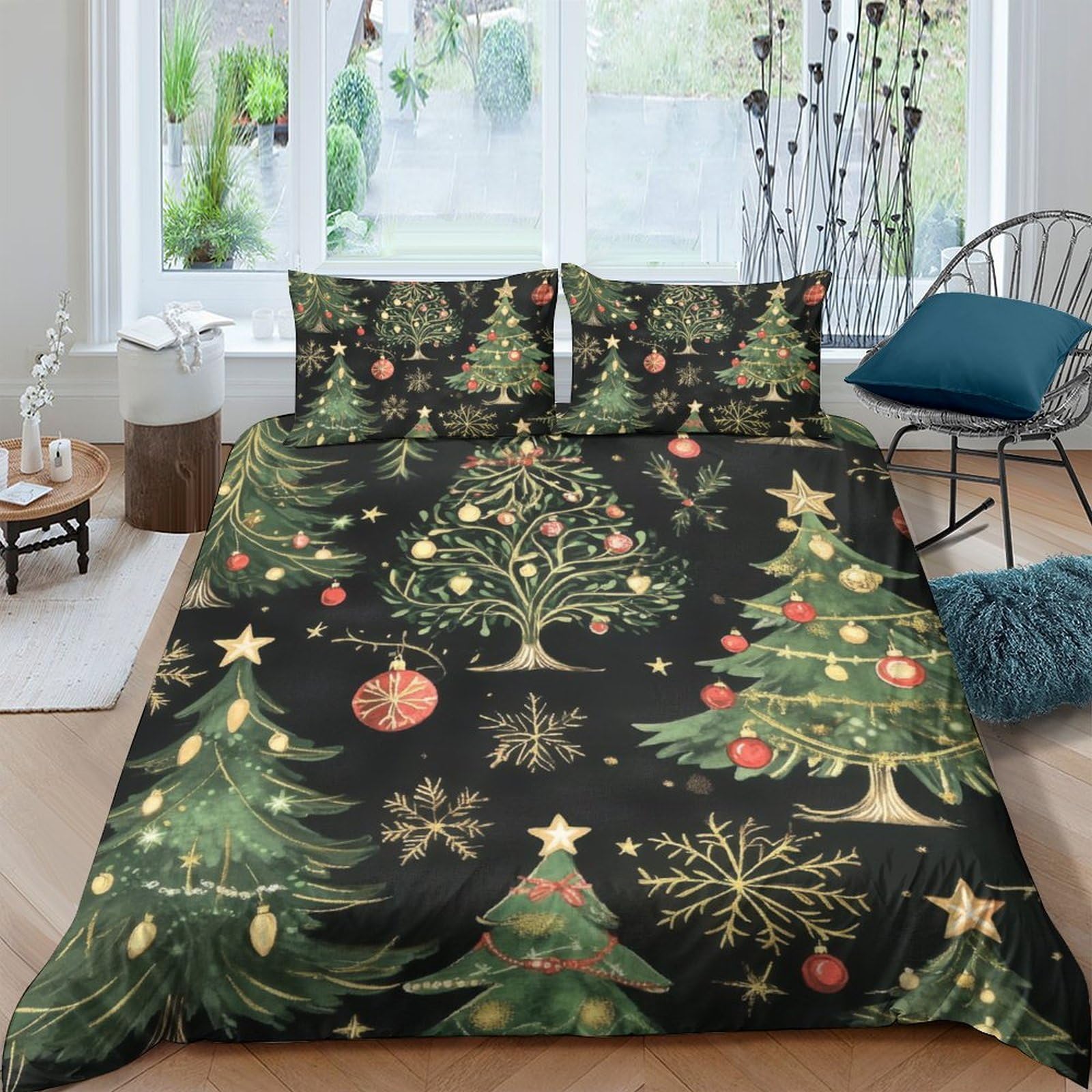 Ctjqhvkz Style-2 3D Printed Christmas Tree Fitted Sheet Microfiber Soft Black Festive Ornament Bed Cover For Bedroom Guest Room Decor Single（135X200cm）