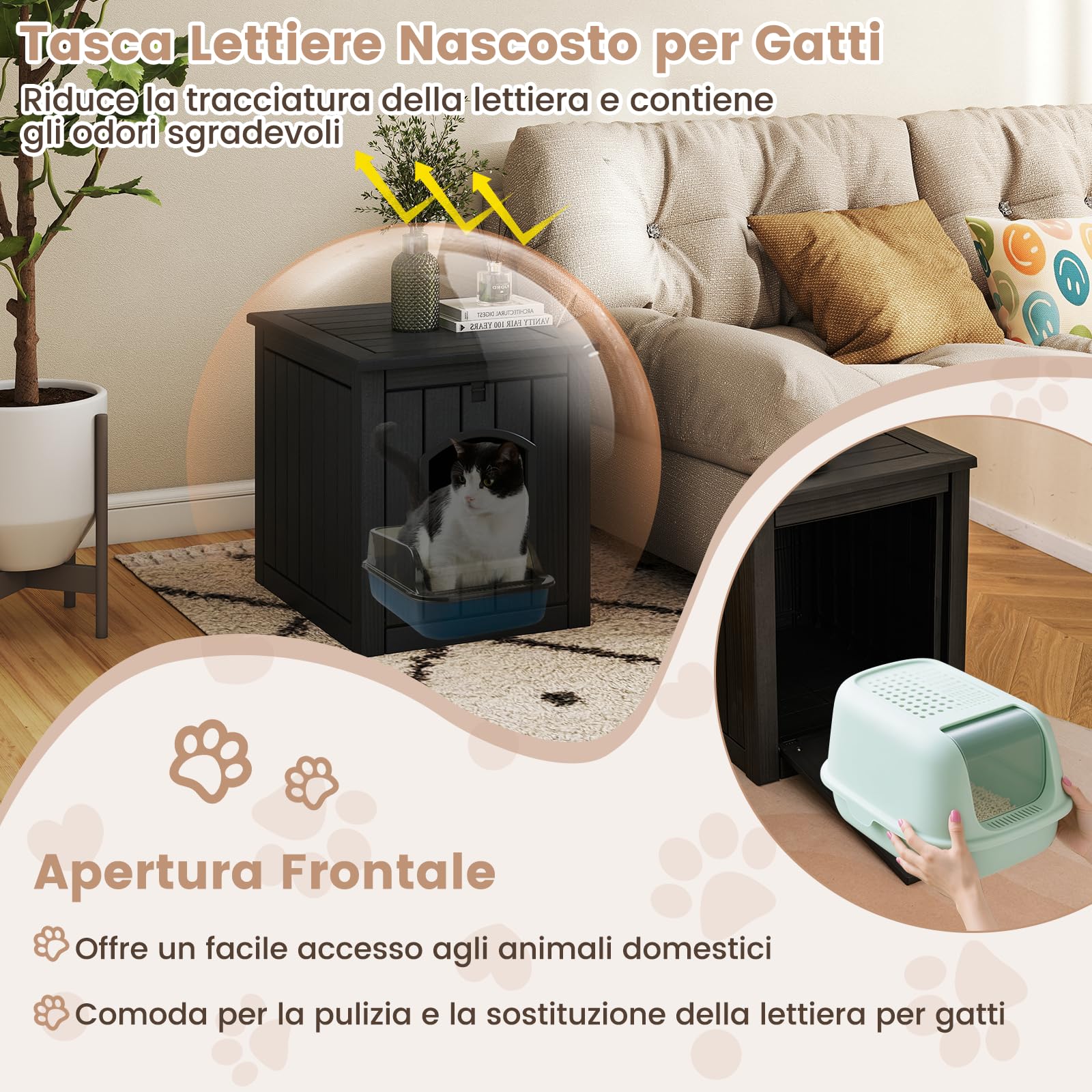 COSTWAY Cuccia per Gatti da Interna ed Esterna, Cassetta per Gatti Nascosto per Lettiere con Porta Frontale Ribaltabile e Pavimento Rialzato, Mobile Decorativo Impermeabile per Animali (Nero)